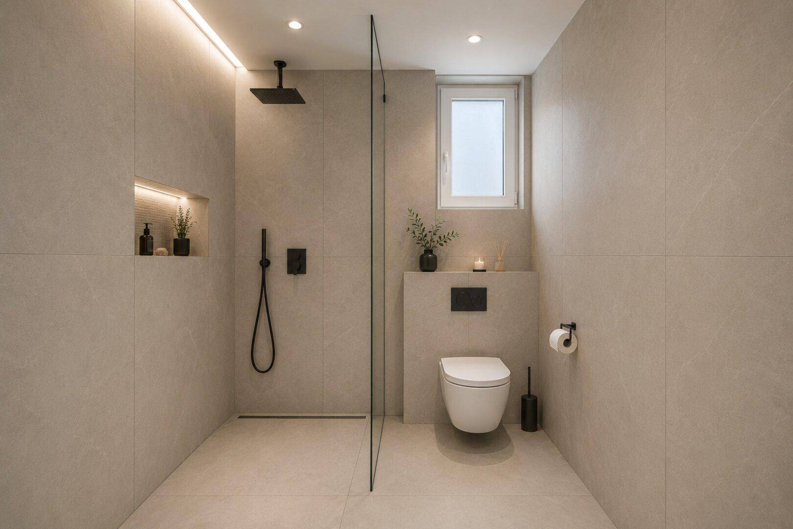 Modernes Badezimmer mit begehbarer Dusche, Wand-WC und eleganten Fliesen.