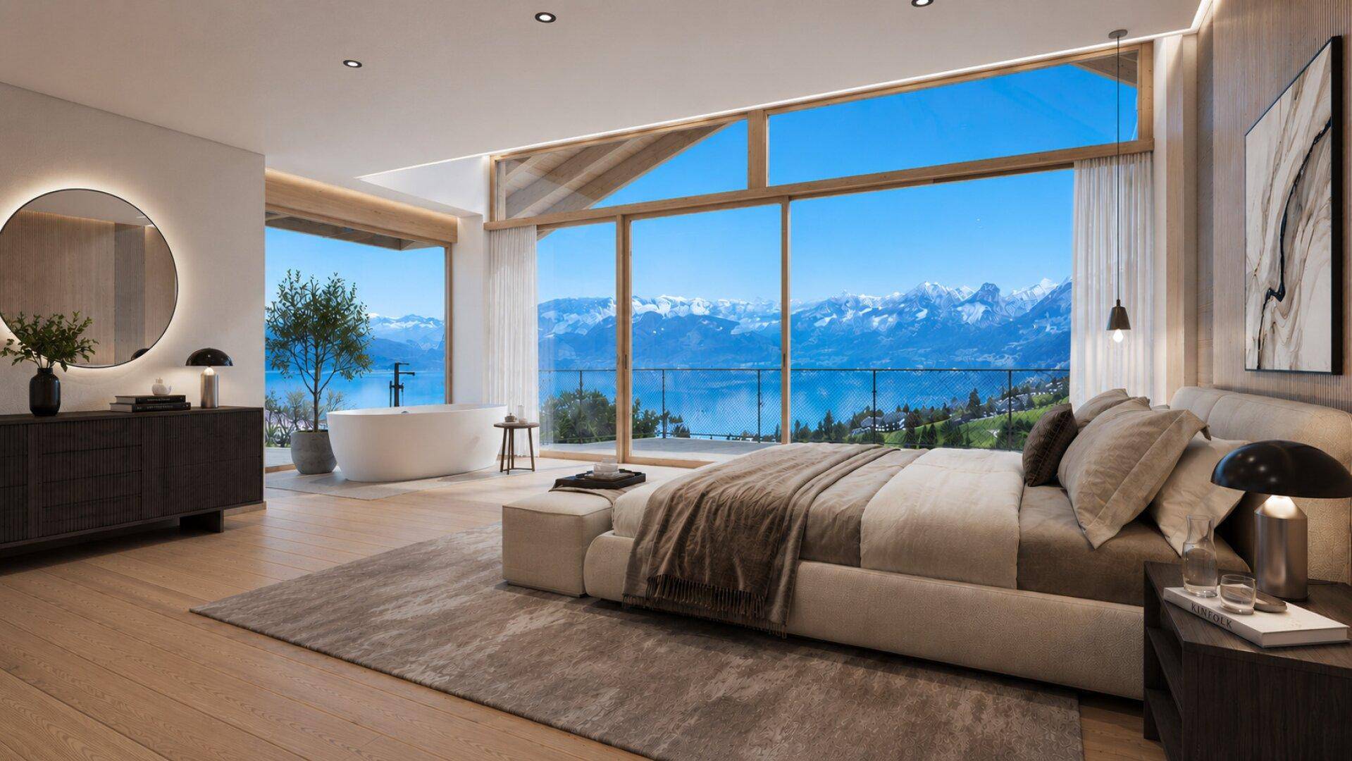 Elegantes Schlafzimmer mit freistehender Badewanne und Panoramafenstern mit Seeblick und Bergsicht.