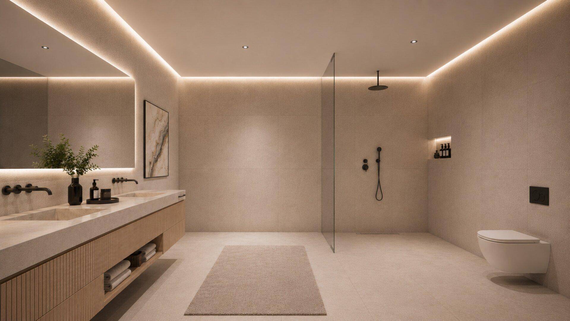 Modernes Badezimmer mit begehbarer Dusche, Doppelwaschbecken und indirekter Beleuchtung.