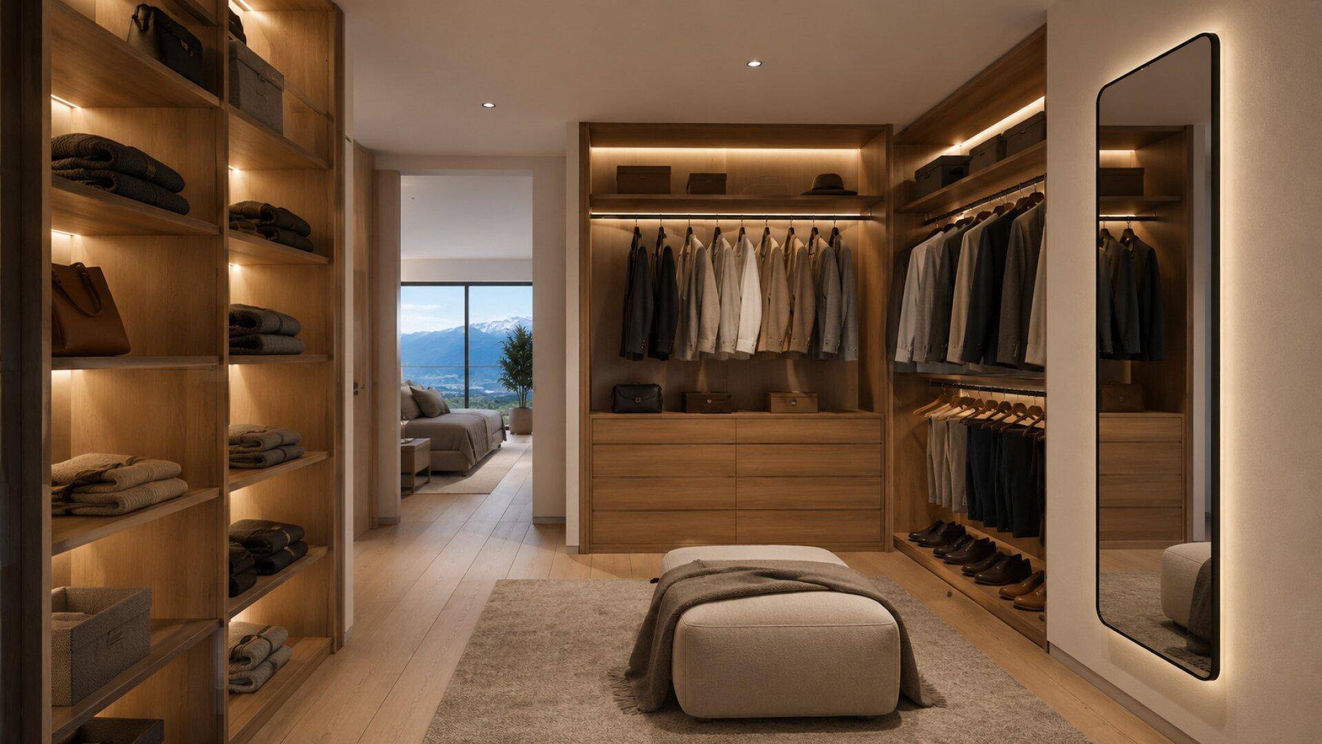 Geräumiger begehbarer Kleiderschrank mit Holzregalen, integrierter Beleuchtung und Blick ins Schlafzimmer.