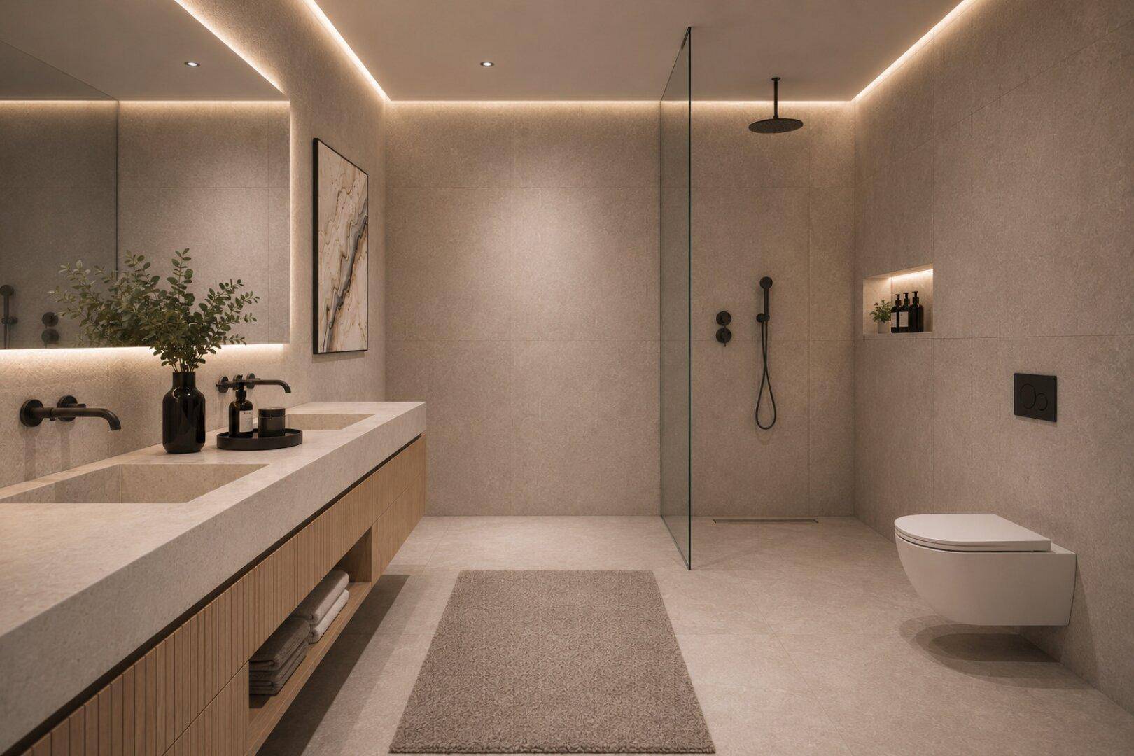 Modernes Badezimmer mit Doppelwaschbecken, begehbarer Dusche, Wand-WC und indirekter Beleuchtung.