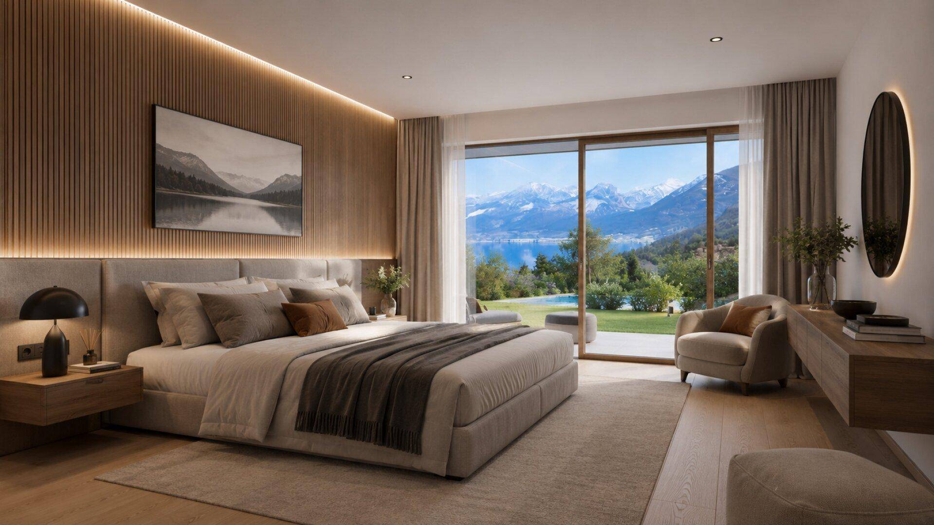 Elegantes Schlafzimmer mit Seeblick, Holzakzenten und direktem Zugang zur Terrasse.