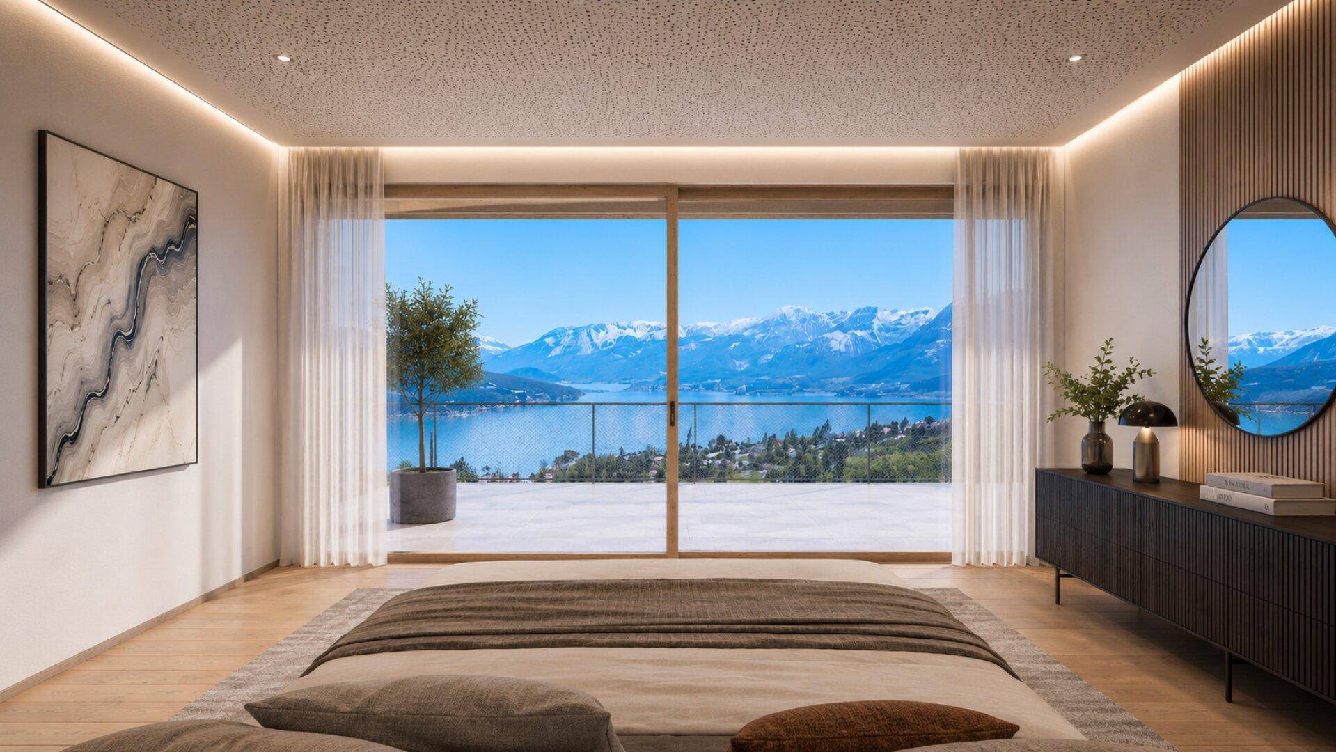 Helles Schlafzimmer mit atemberaubendem Seeblick und Zugang zu einer privaten Terrasse.