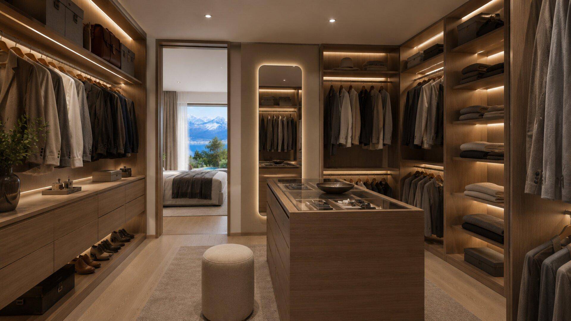Geräumiger begehbarer Kleiderschrank mit integrierter Beleuchtung und Blick ins Schlafzimmer.