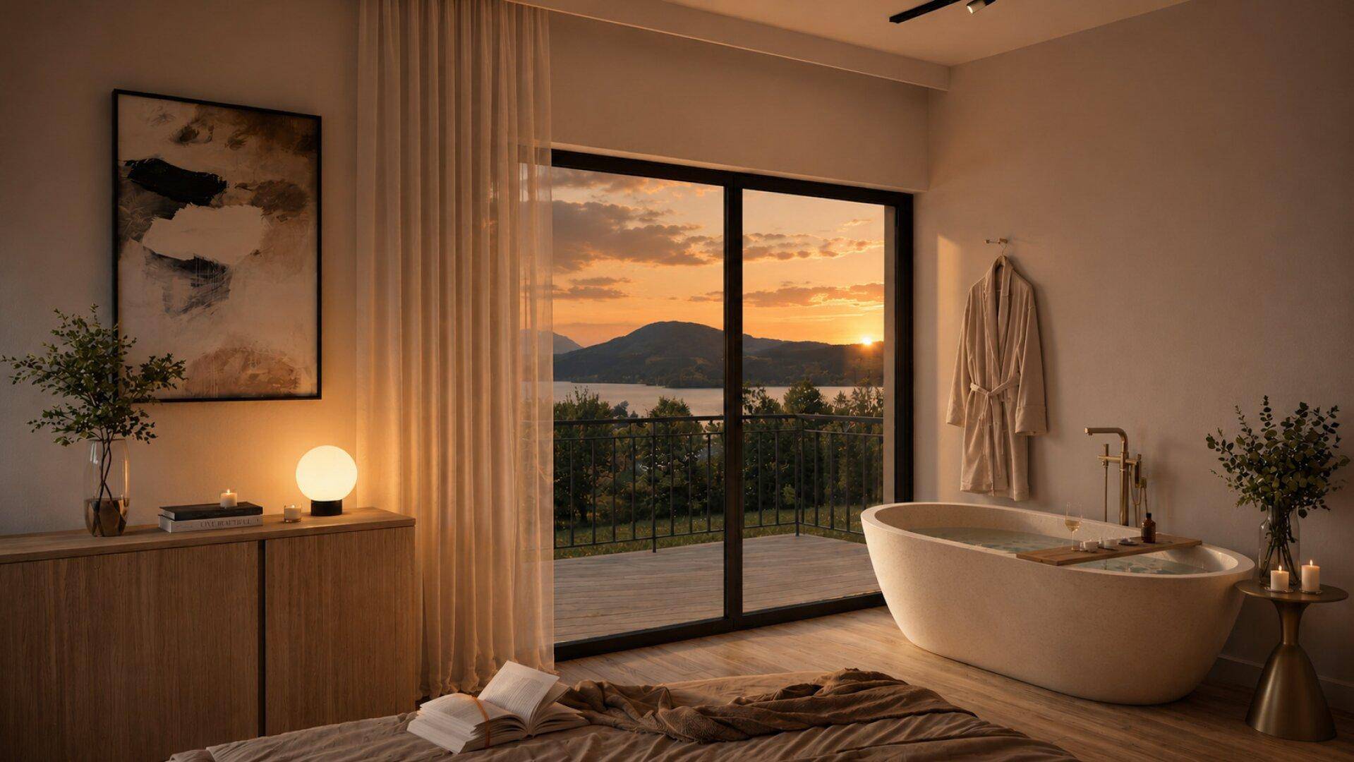 Gemütliches Schlafzimmer mit Badewanne und Blick auf den Sonnenuntergang über dem See.