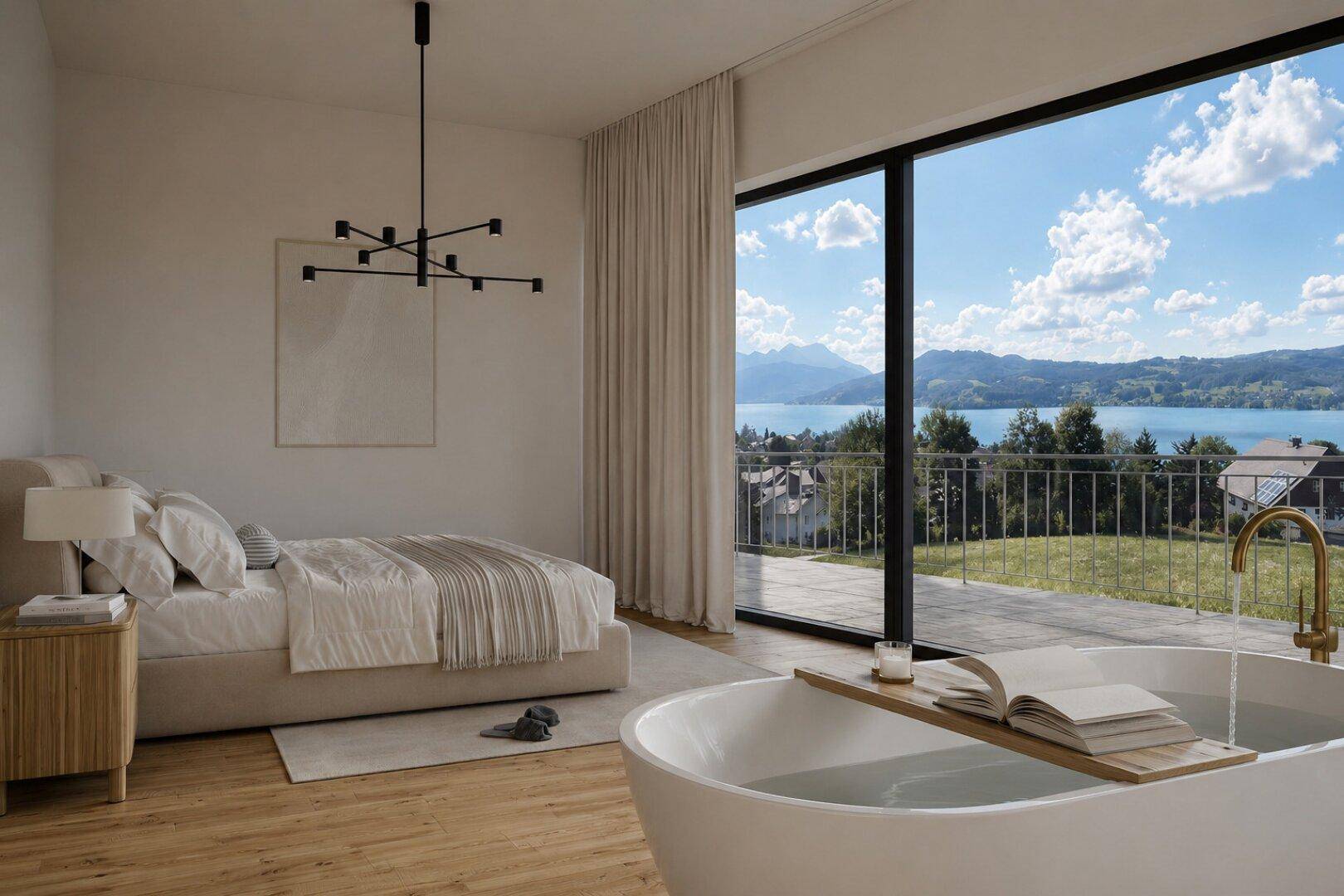 Schlafzimmer mit freistehender Badewanne, Seeblick und Zugang zu einer Terrasse.