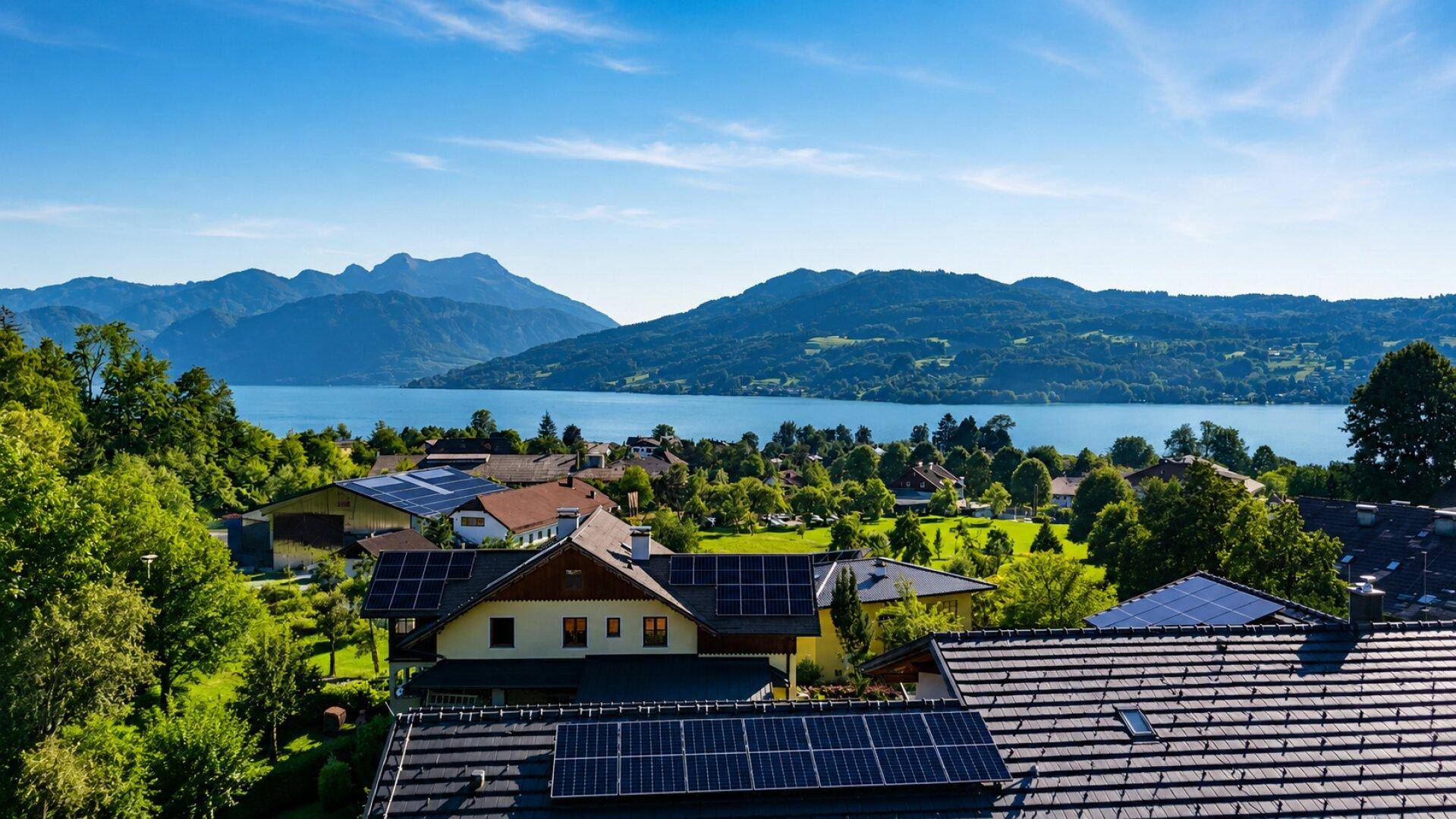 Luftaufnahme einer Wohnsiedlung am See mit vielen Häusern und Solaranlagen auf den Dächern.