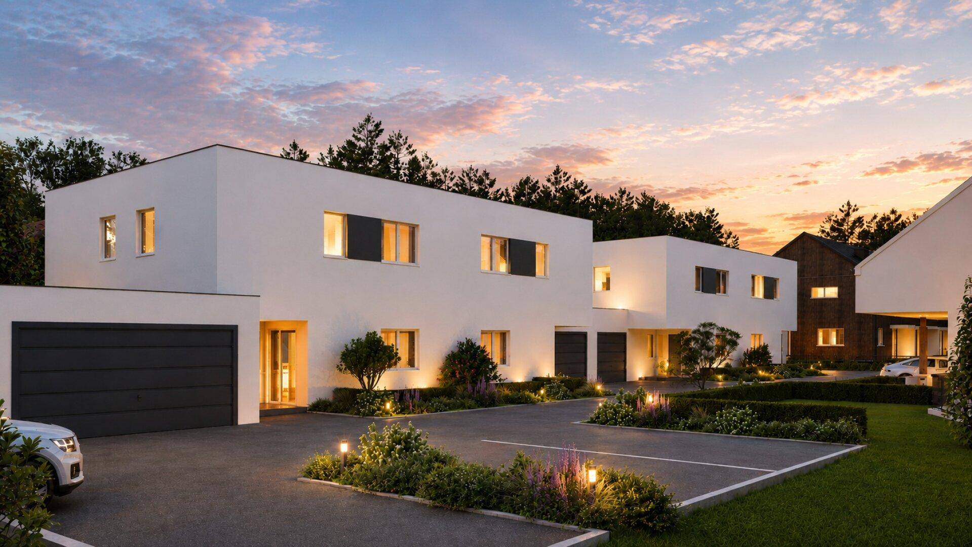Reihenhäuser mit moderner Architektur, privaten Garagen und gepflegten Außenanlagen bei Sonnenuntergang.