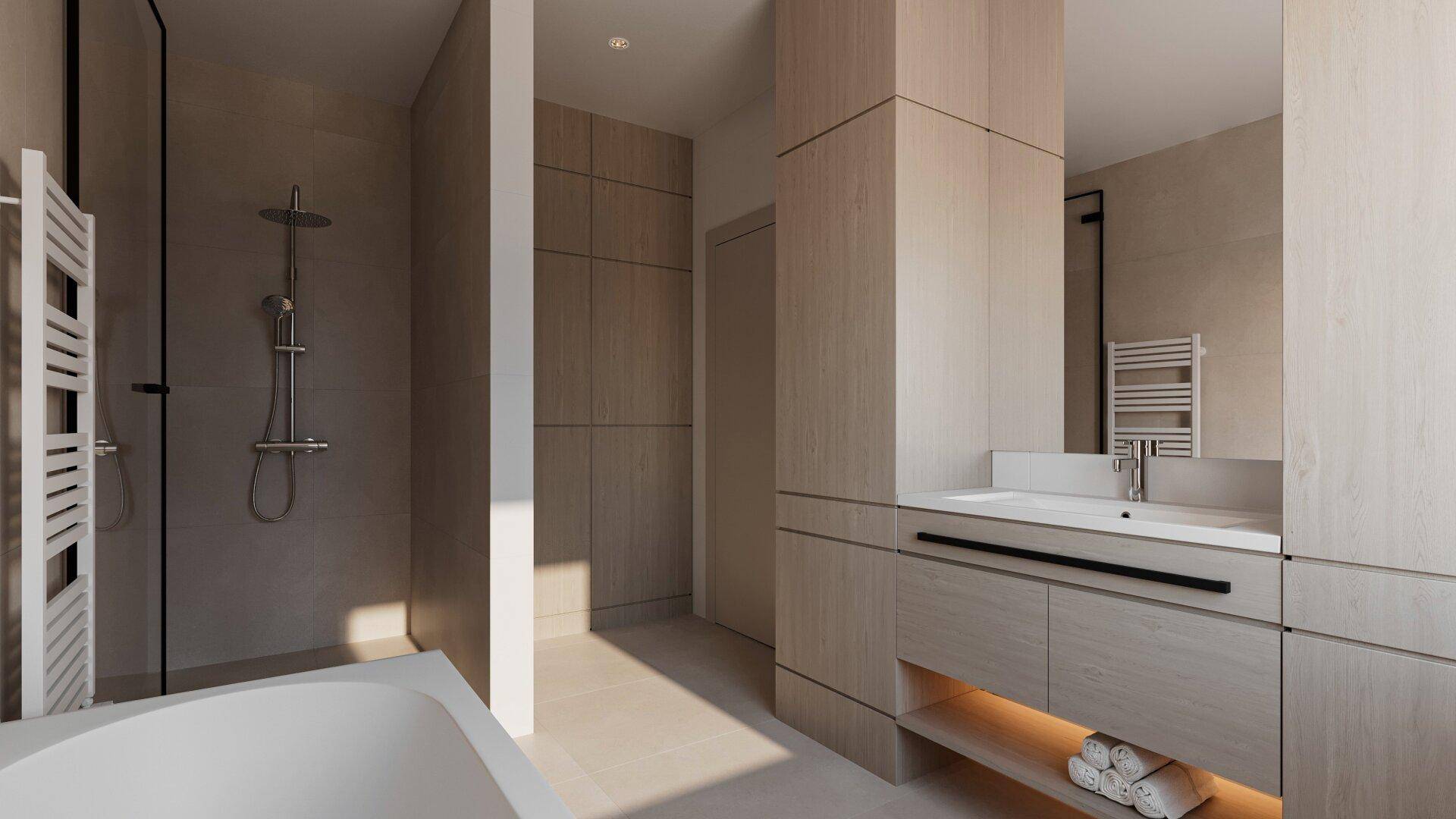 Modernes Badezimmer mit begehbarer Dusche, Badewanne und Holzoptik-Möbeln.