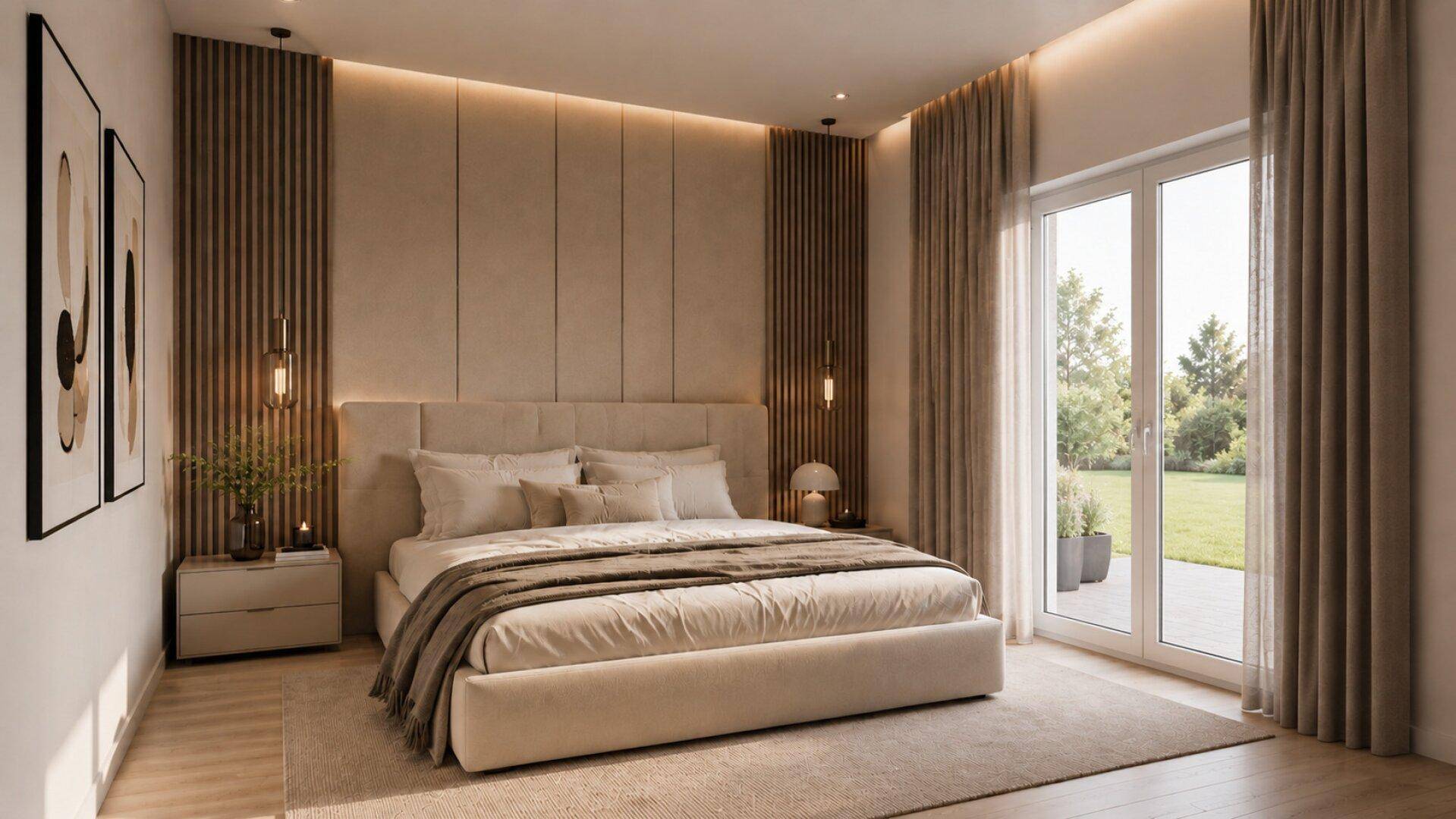 Modernes Schlafzimmer mit indirekter Beleuchtung, großem Bett und Zugang zum Garten.