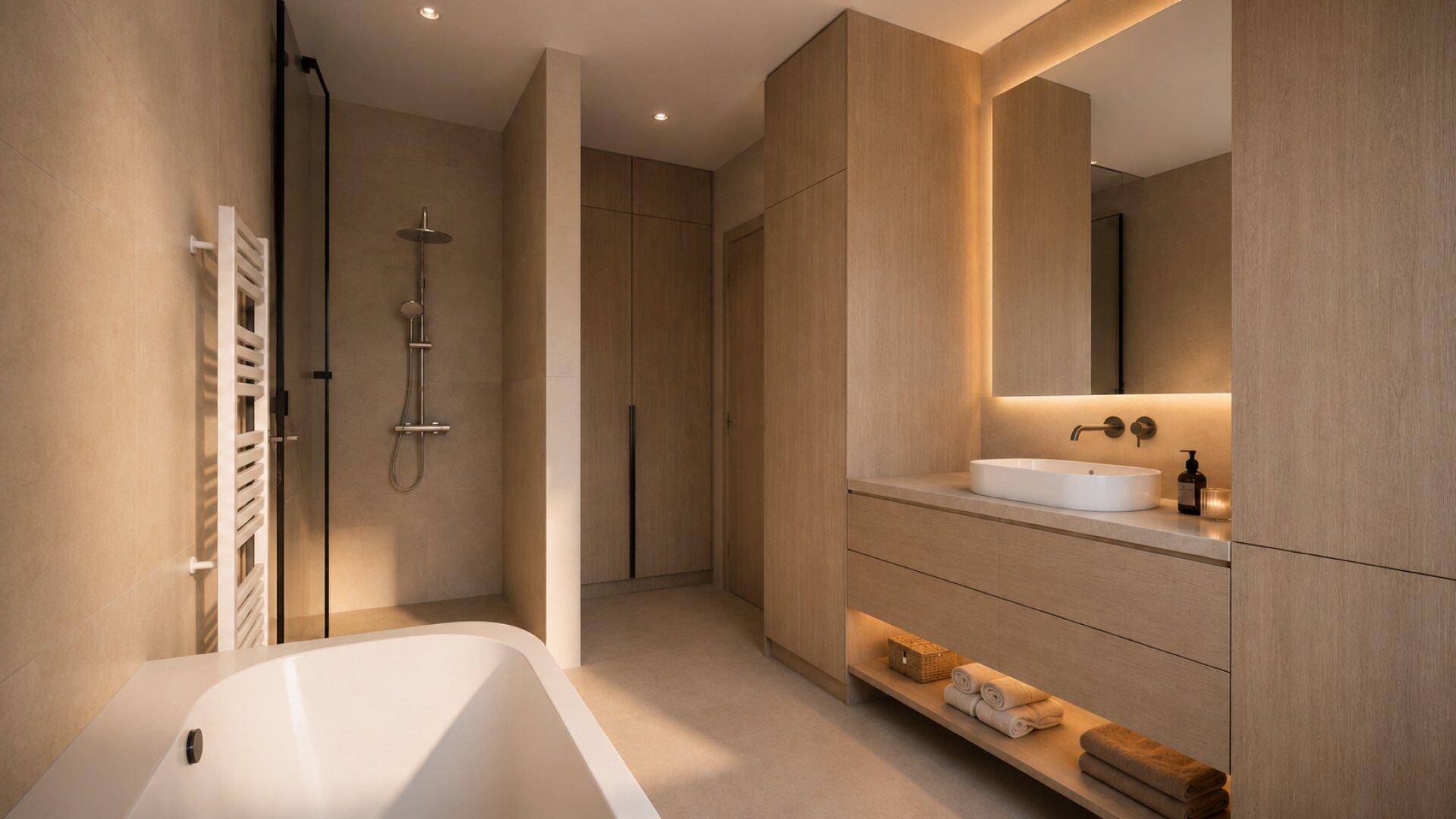 Modernes Badezimmer mit Badewanne, begehbarer Dusche, Holzoptik-Möbeln und indirekter Beleuchtung.
