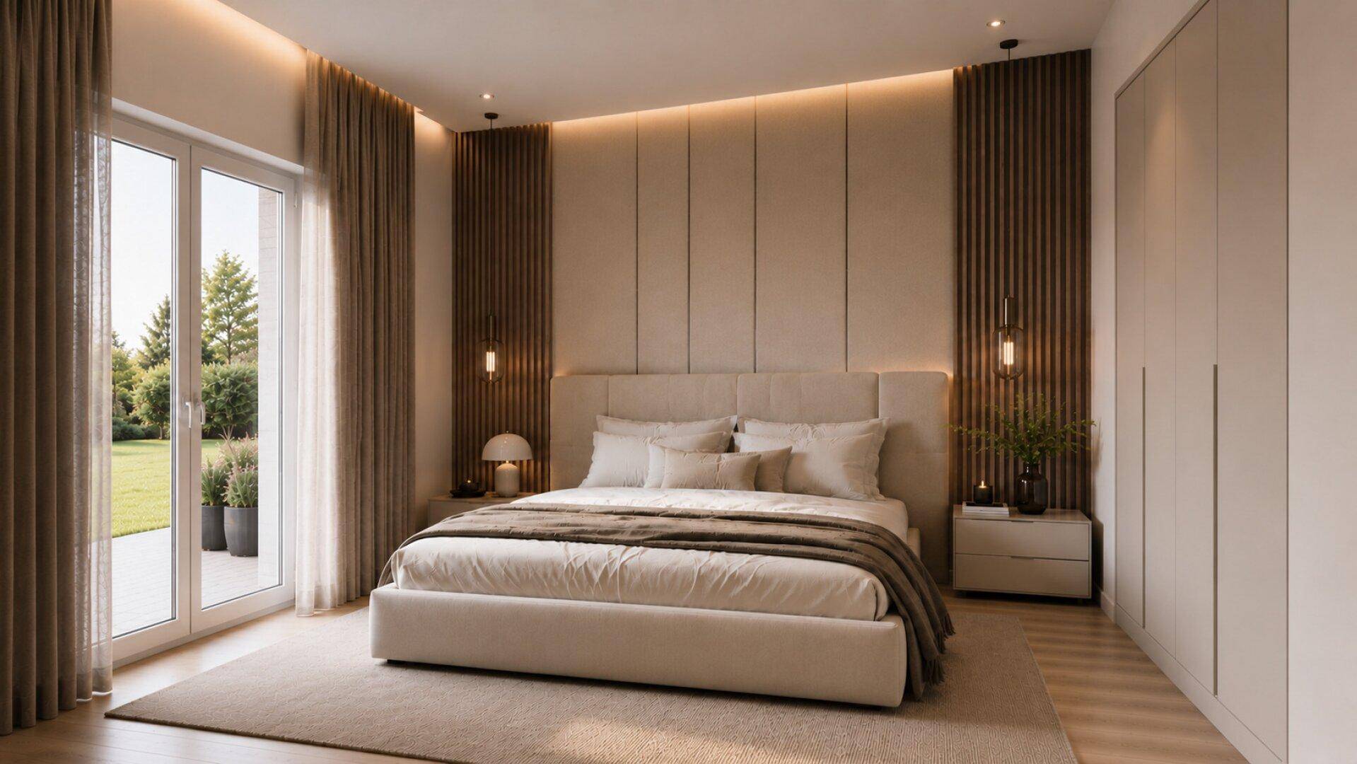 Modernes Schlafzimmer mit großem Doppelbett, indirekter Beleuchtung und Zugang zum Garten.