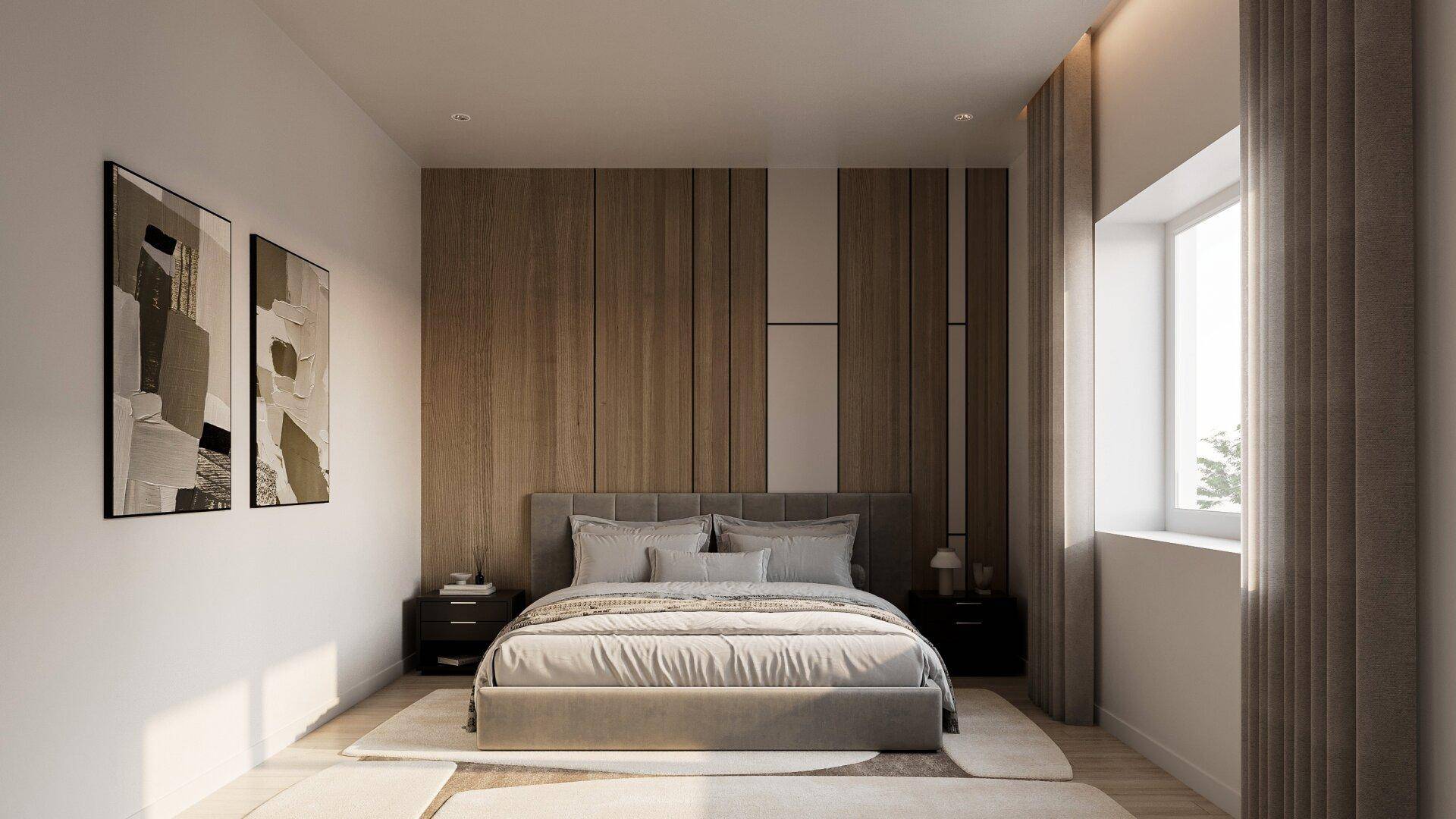 Gemütliches Schlafzimmer mit Holzwandverkleidung, großem Bett und viel Tageslicht.