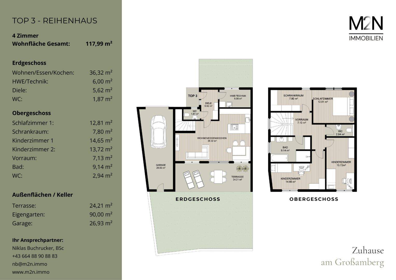 Grundriss für ein Reihenhaus mit Erdgeschoss und Obergeschoss, inklusive Garage und Terrasse.