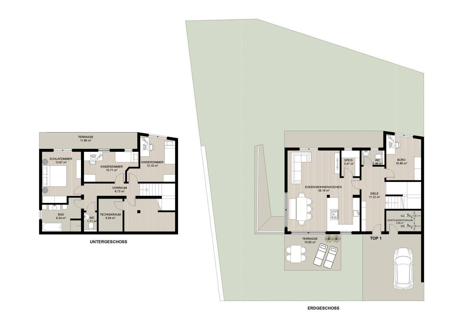 Grundriss für Erdgeschoss und Untergeschoss mit Terrasse und Garten.