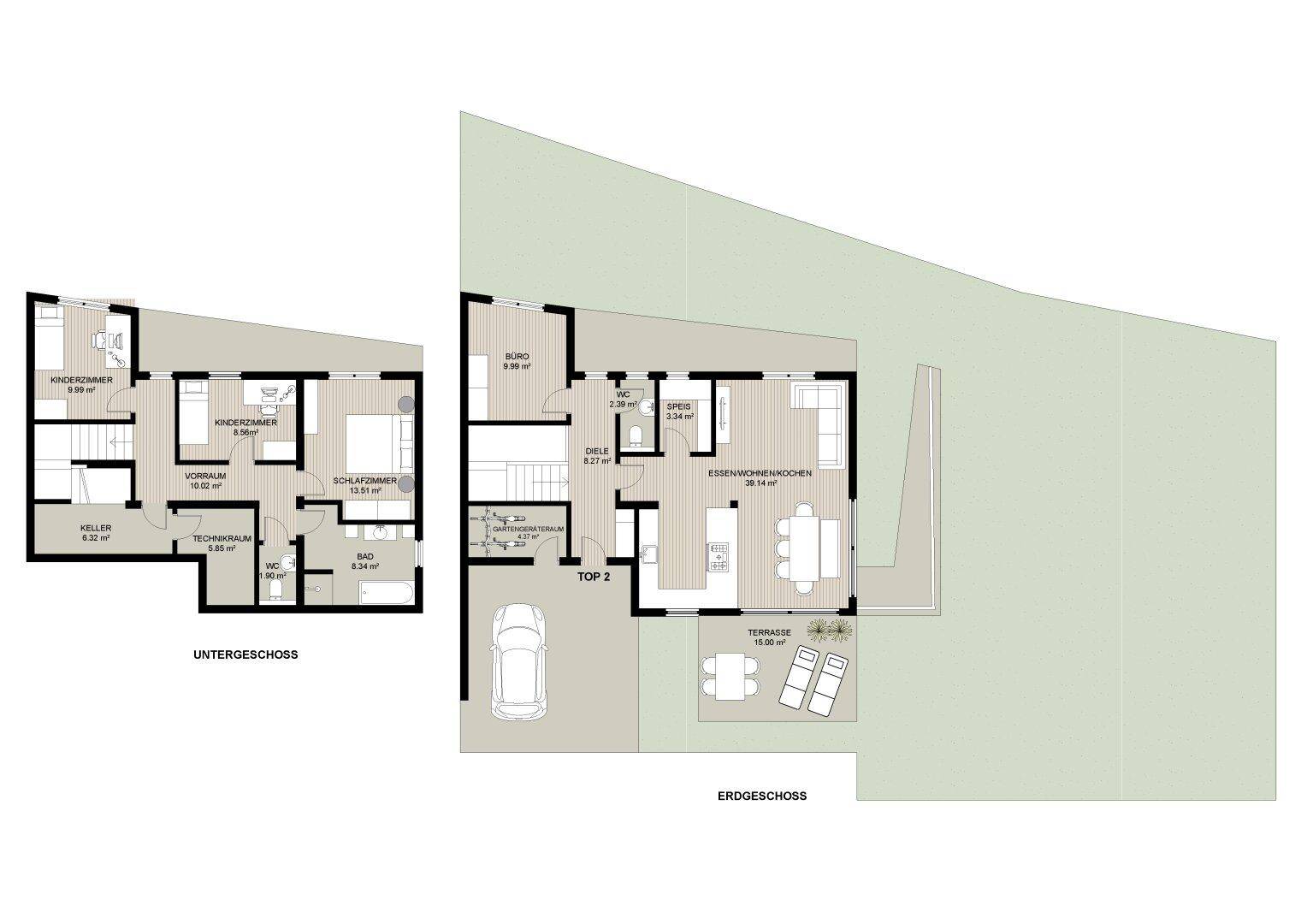 Grundriss für Erdgeschoss und Untergeschoss mit offenem Wohnbereich, Terrasse und Balkon.