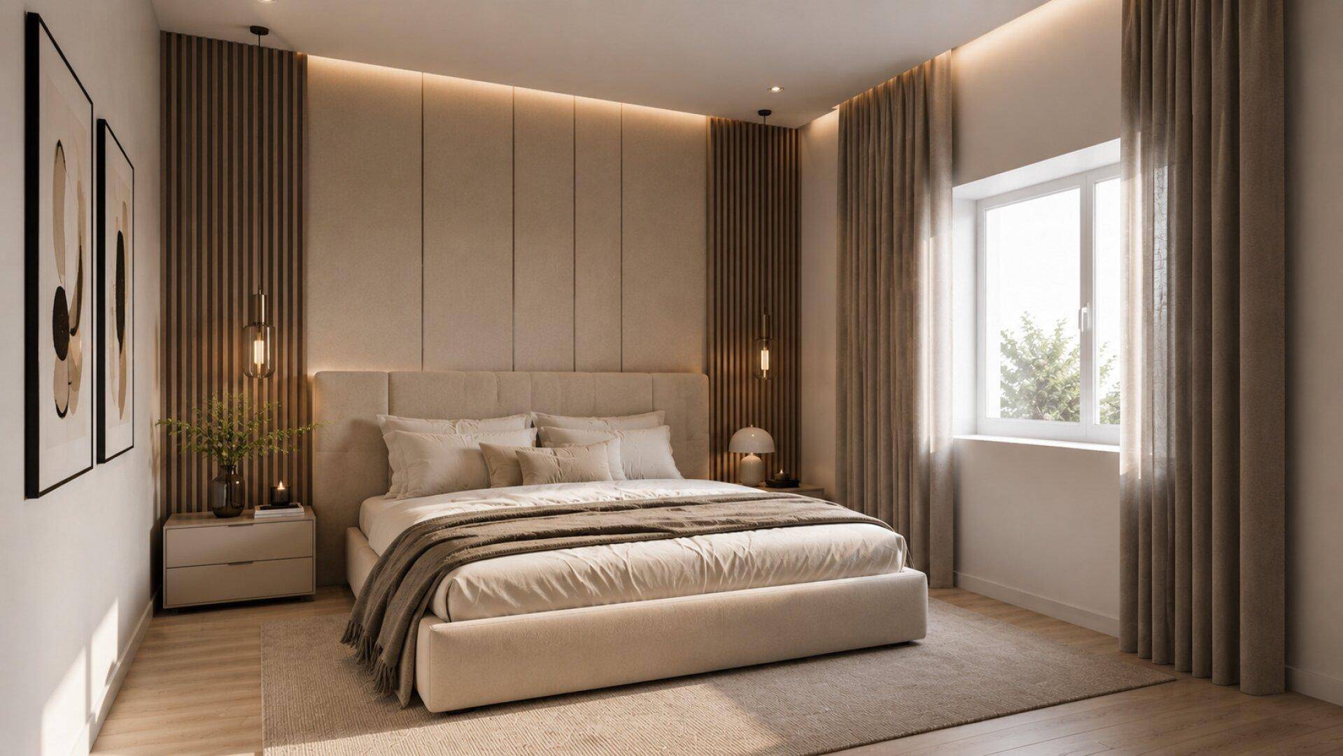 Modernes Schlafzimmer mit indirekter Beleuchtung, Holzakzenten und großem Fenster für viel Tageslicht.
