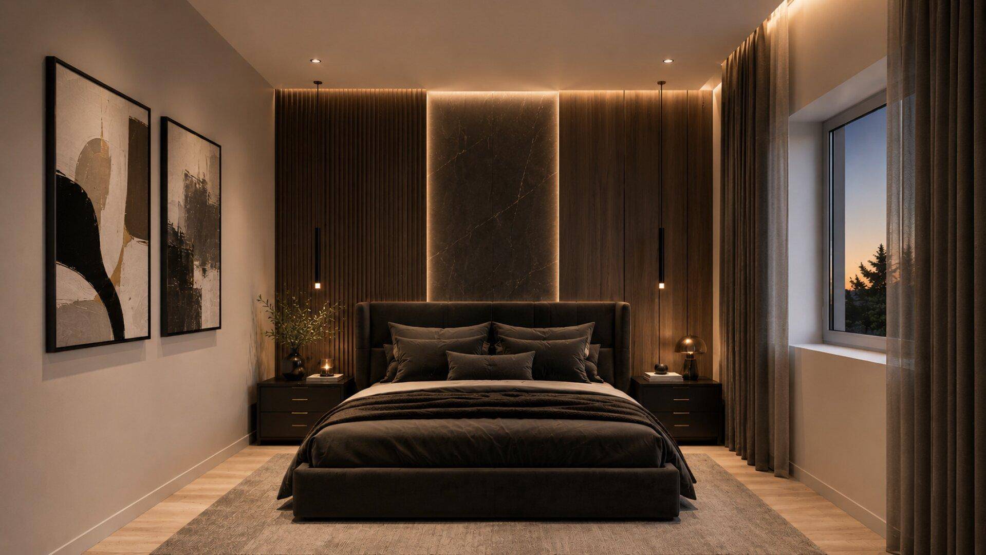 Elegantes Schlafzimmer mit dunkler Holzvertäfelung, indirekter Beleuchtung und modernem Design.