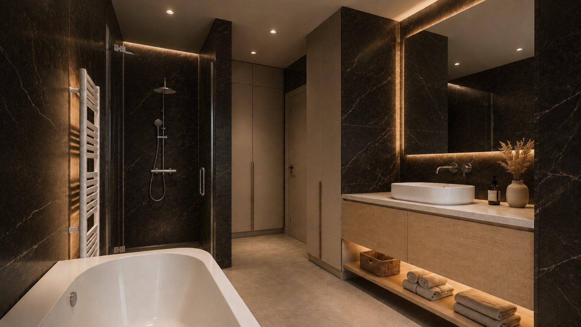 Luxuriöses Badezimmer mit dunklen Marmorfliesen, freistehender Badewanne und begehbarer Dusche.