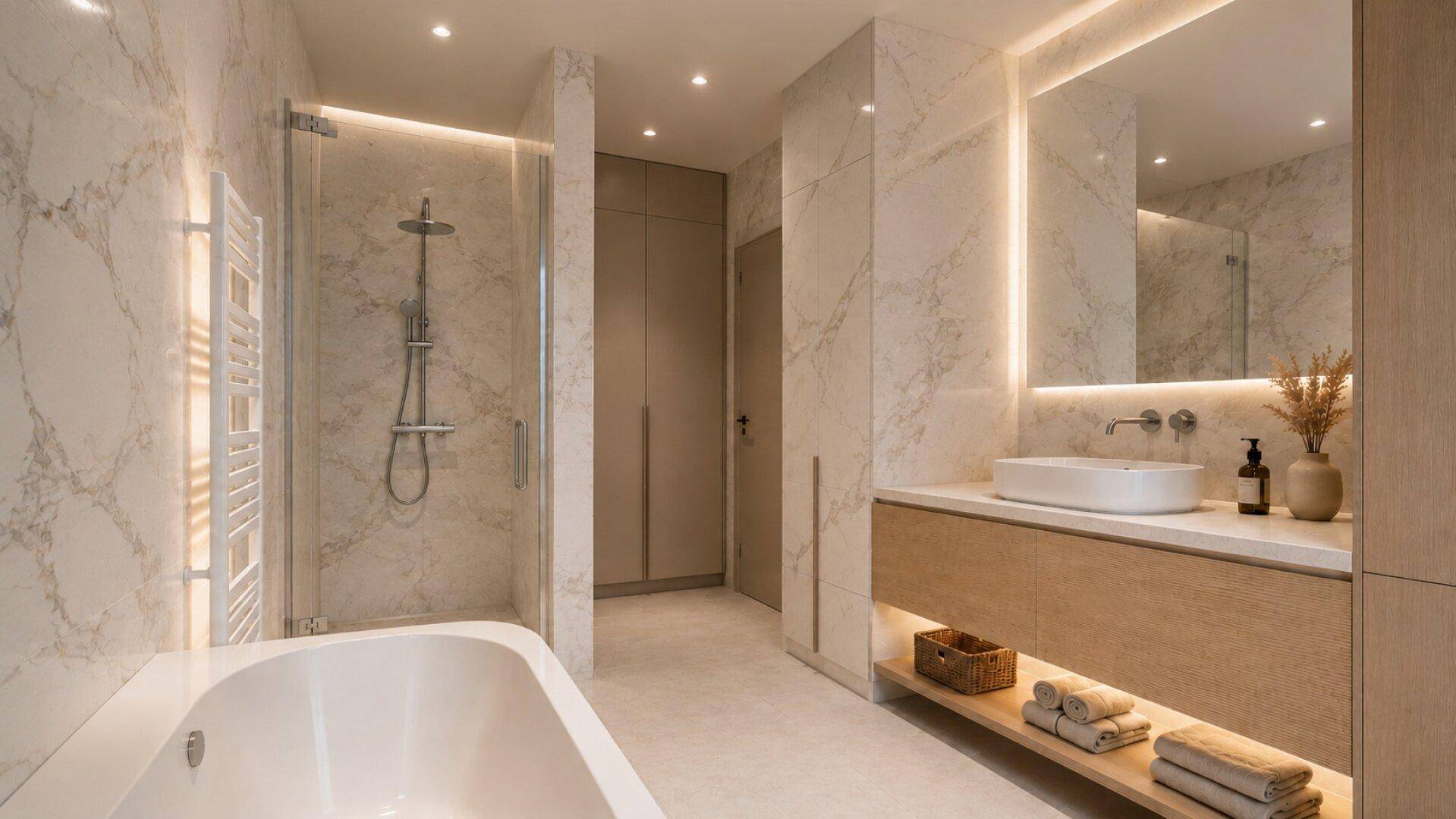 Luxuriöses Badezimmer mit Marmorfliesen, begehbarer Dusche, Badewanne und modernem Waschtisch.