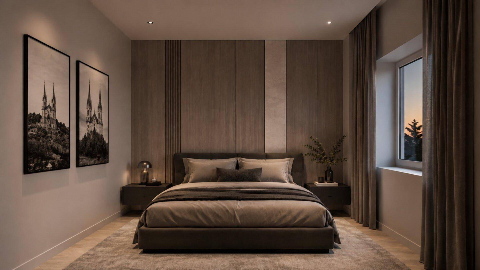 Gemütliches Schlafzimmer mit modernem Design, Holzwandverkleidung und Blick ins Grüne.