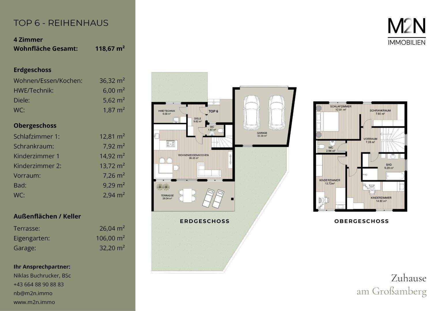 Detaillierter Grundriss eines Reihenhauses mit Erdgeschoss und Obergeschoss, inklusive Flächenangaben.