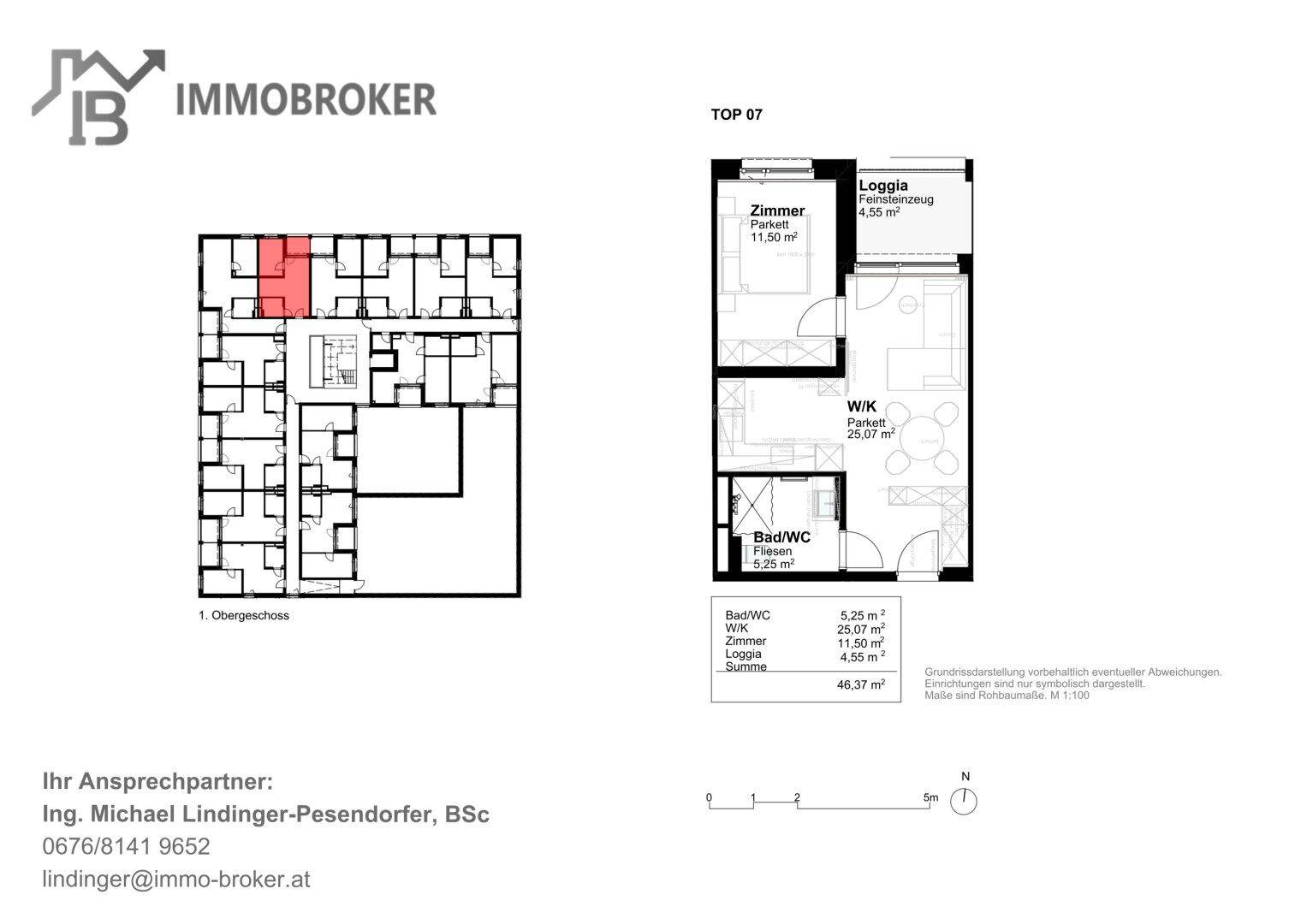 Grundriss einer Wohnung mit Zimmer, Bad/WC, Loggia und offenem Wohn-/Kochbereich.