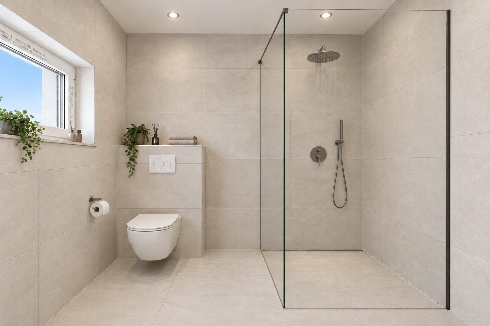 Modernes Badezimmer mit bodengleicher Dusche, Wand-WC und hellen Fliesen.