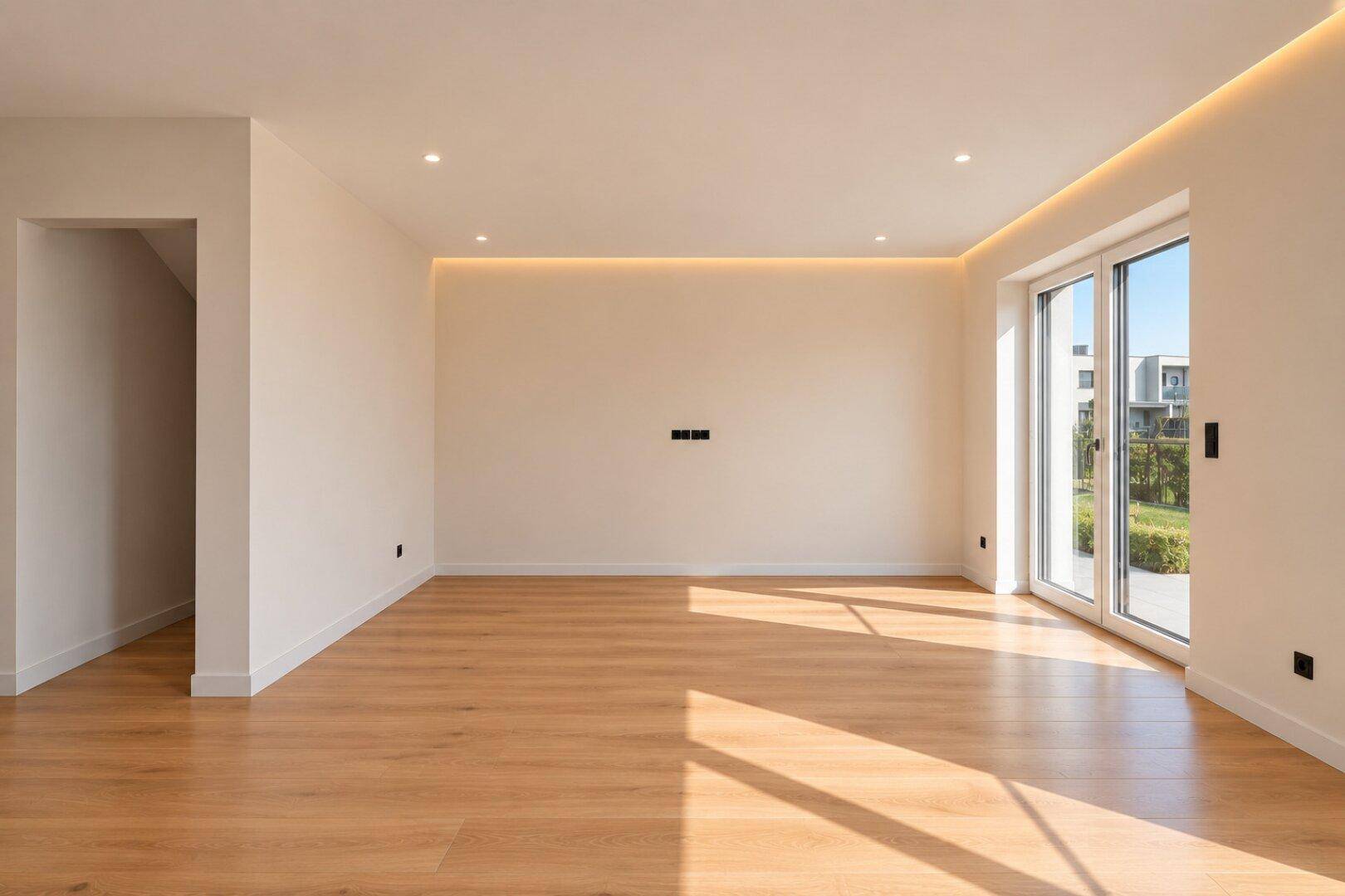 Heller Innenraum mit Holzboden, moderner Beleuchtung und großem Fenster.