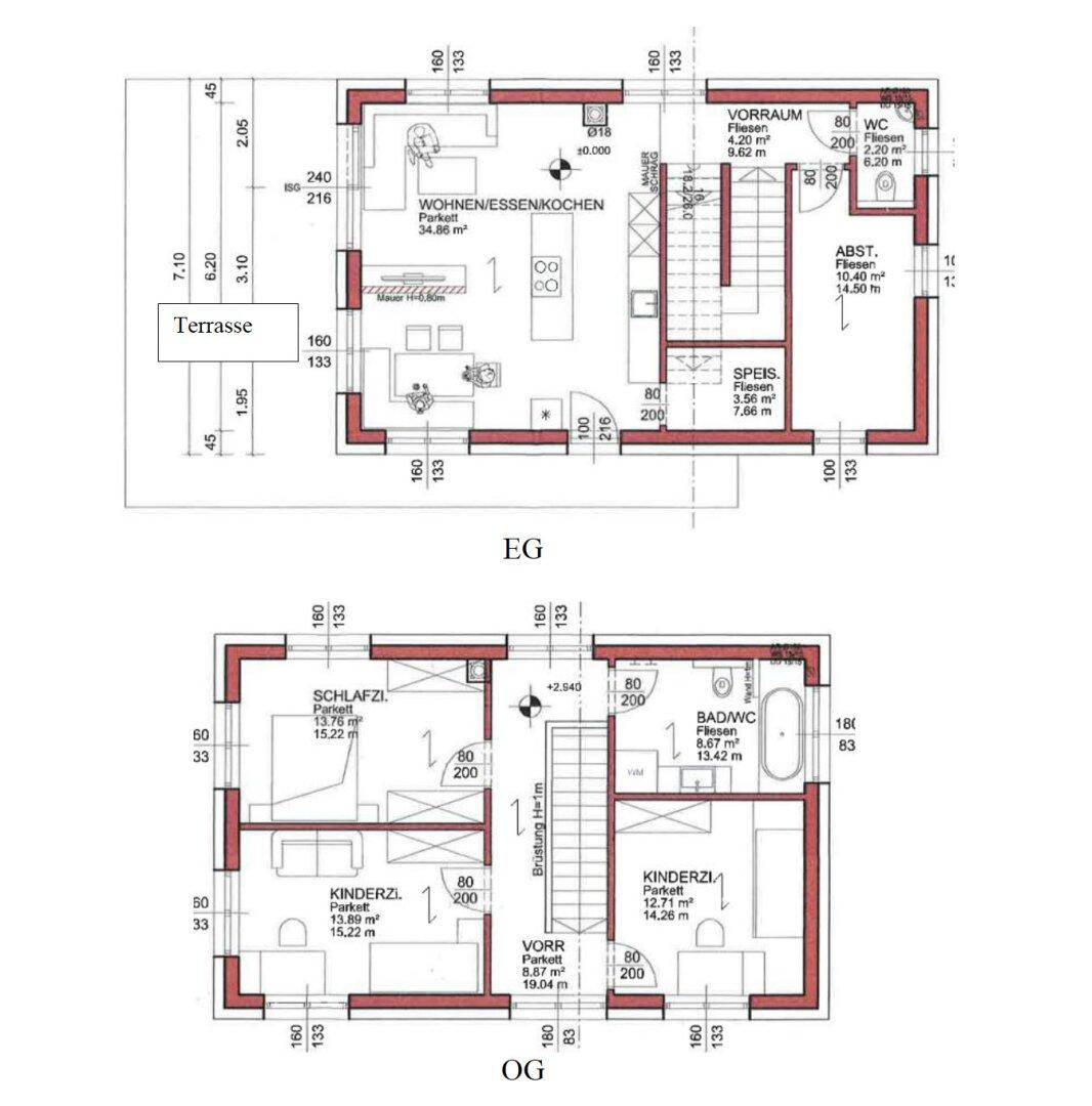 Grundriss des Erdgeschosses und Obergeschosses mit Wohn-/Essküche und Schlafzimmern.