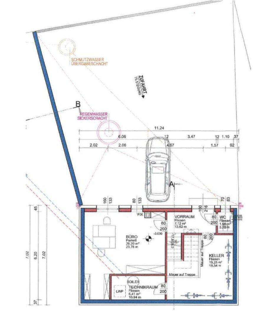 Grundriss des Untergeschosses mit Büro, Technikraum und Kellerabteil sowie Zufahrt.