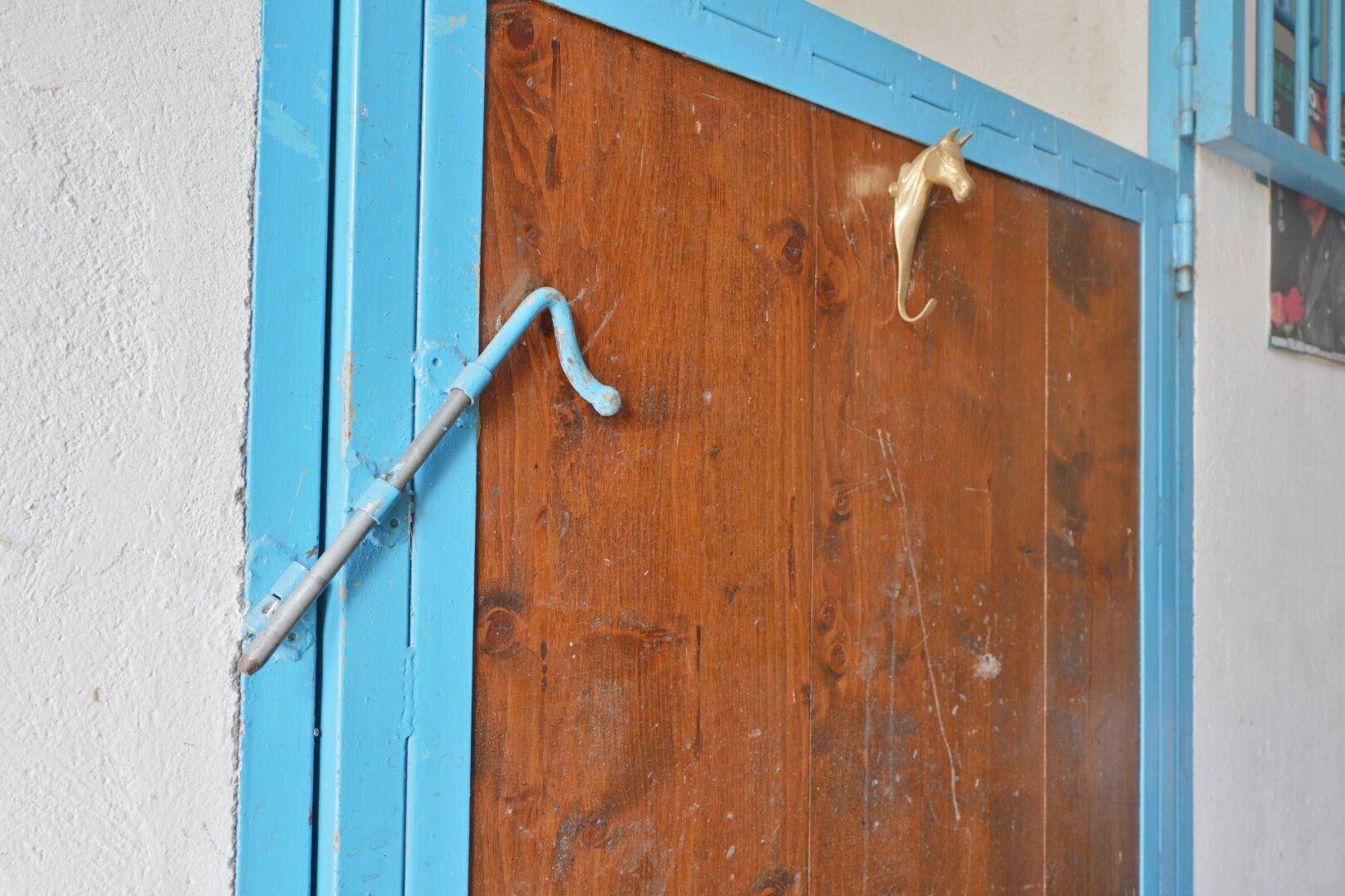 Nahaufnahme einer rustikalen Holztür mit blauem Rahmen und einfachem Riegel.