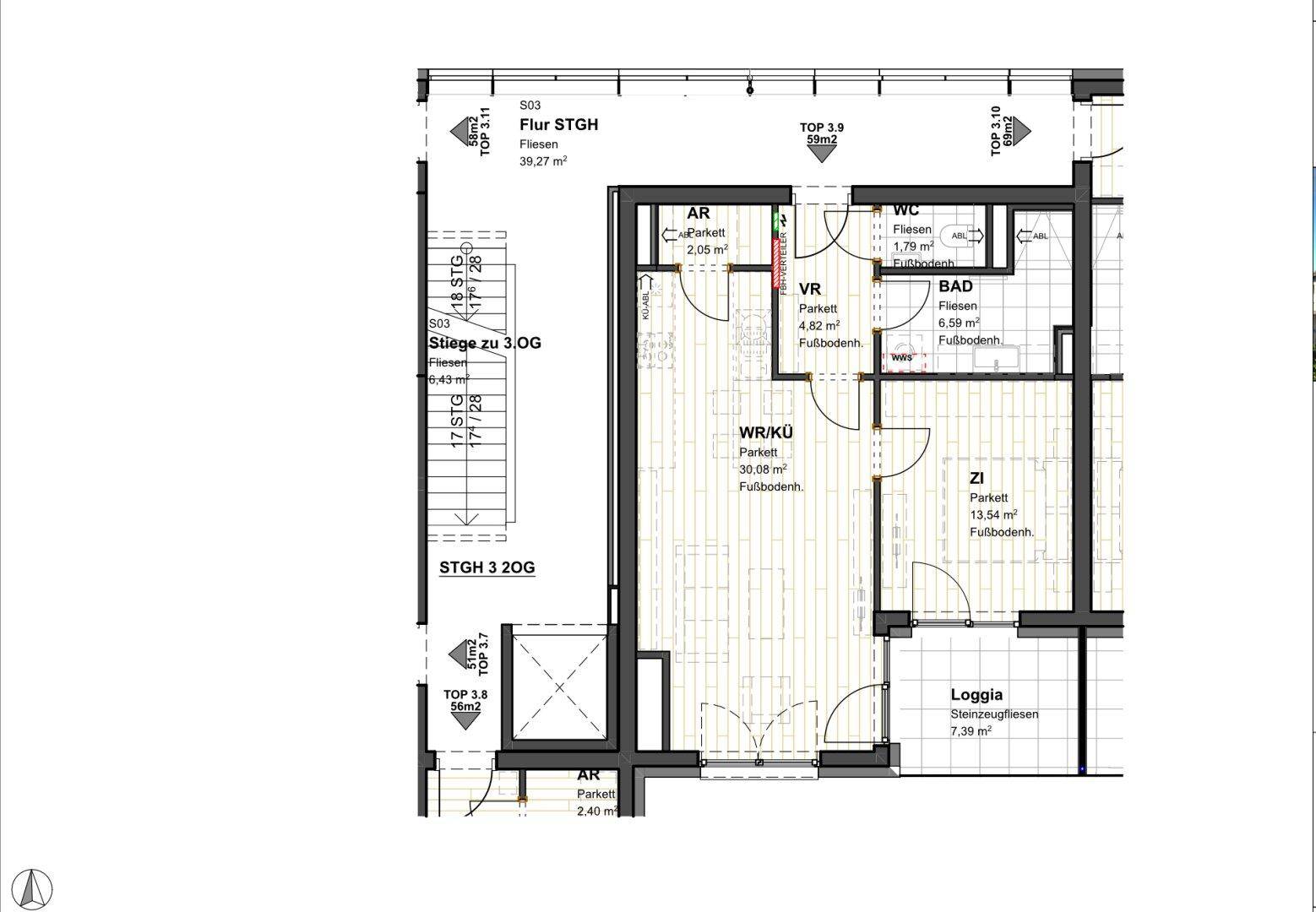 Detaillierter Grundriss einer Wohnung mit Loggia, Bad und separatem WC.