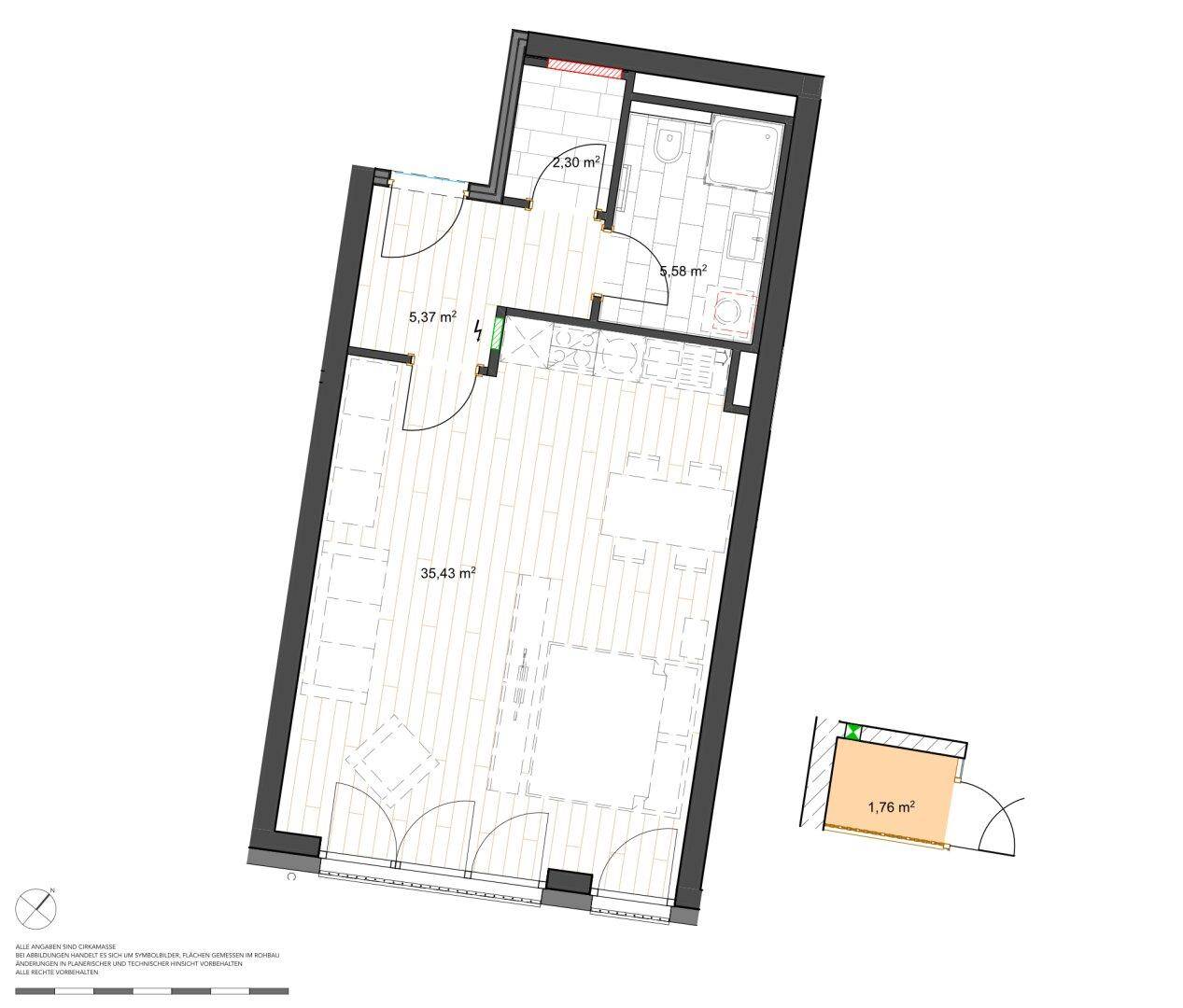 Grundriss einer Wohnung mit offenem Wohnbereich, Bad und Balkon.