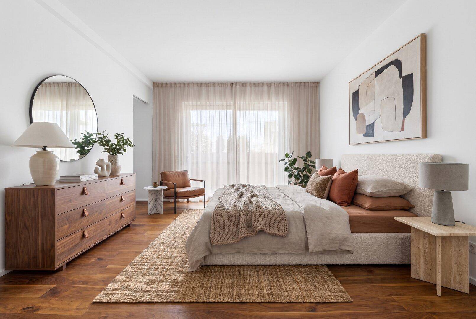 Gemütliches Schlafzimmer mit Holzboden, modernem Bett und Zugang zu einem Außenbereich.
