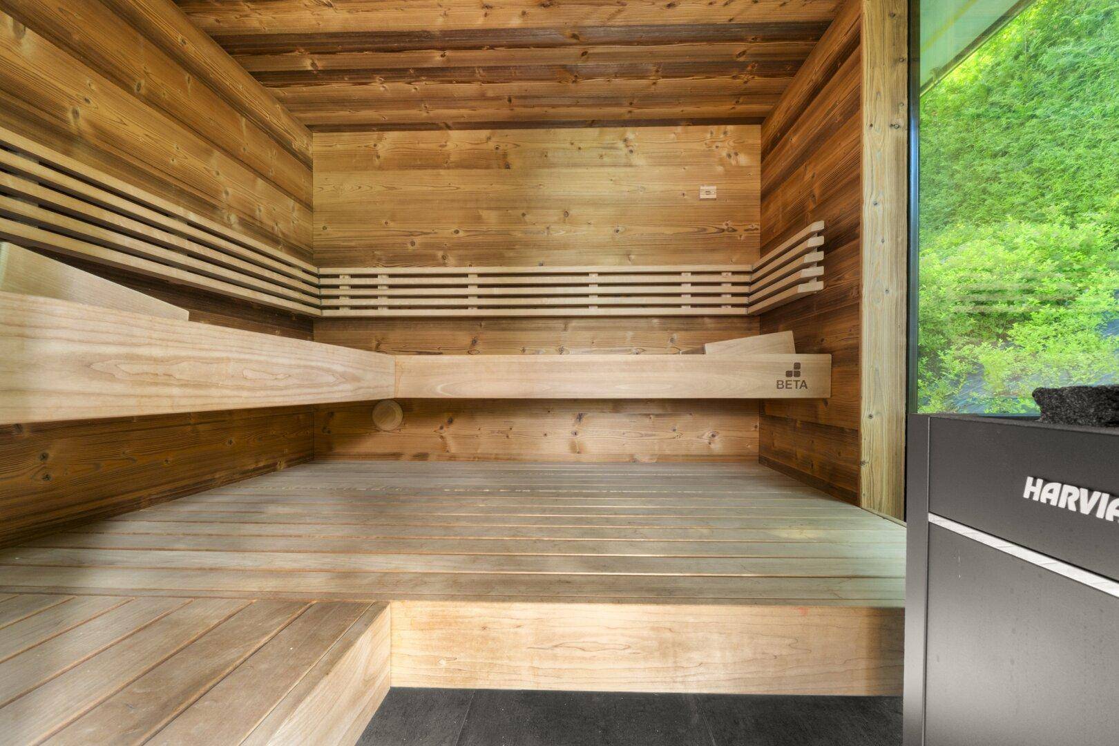 Geräumige Holzsauna mit mehreren Bänken und Blick ins Grüne.