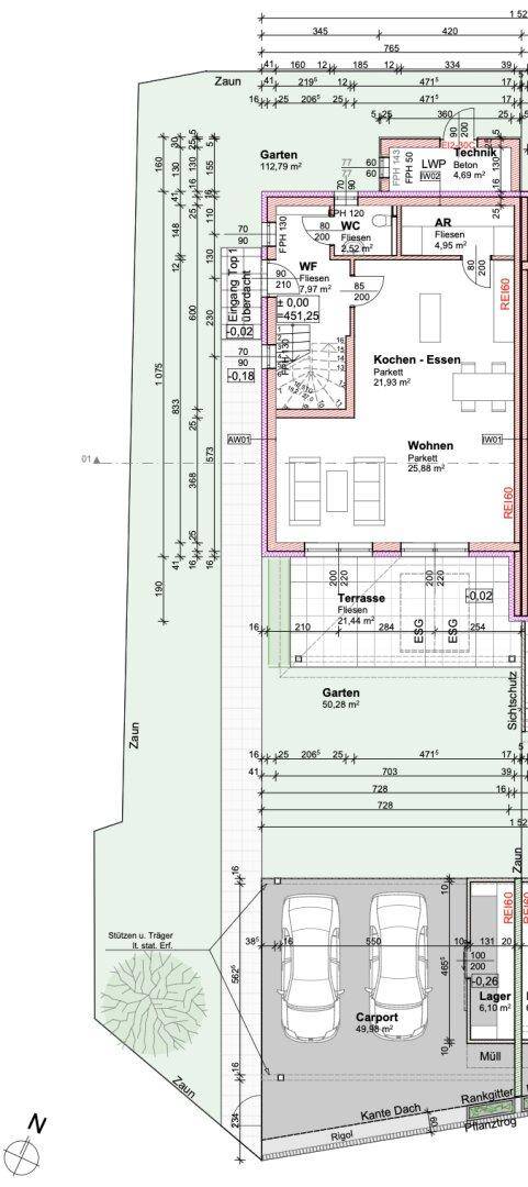 Grundriss des Erdgeschosses mit offenem Wohn-Essbereich, Küche und Terrasse.