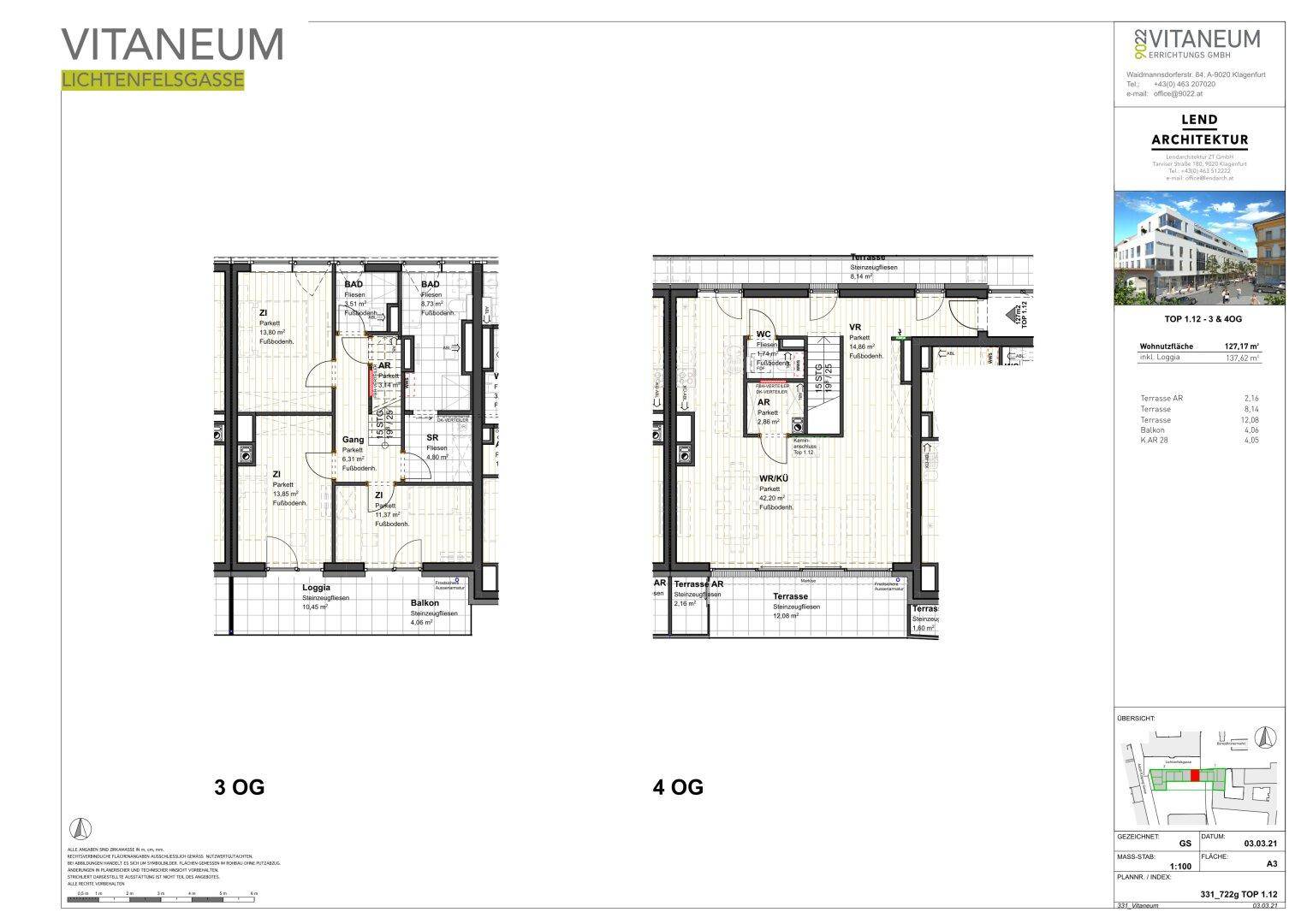 Grundrisspläne für die dritte und vierte Etage mit verschiedenen Raumaufteilungen und Außenbereichen.