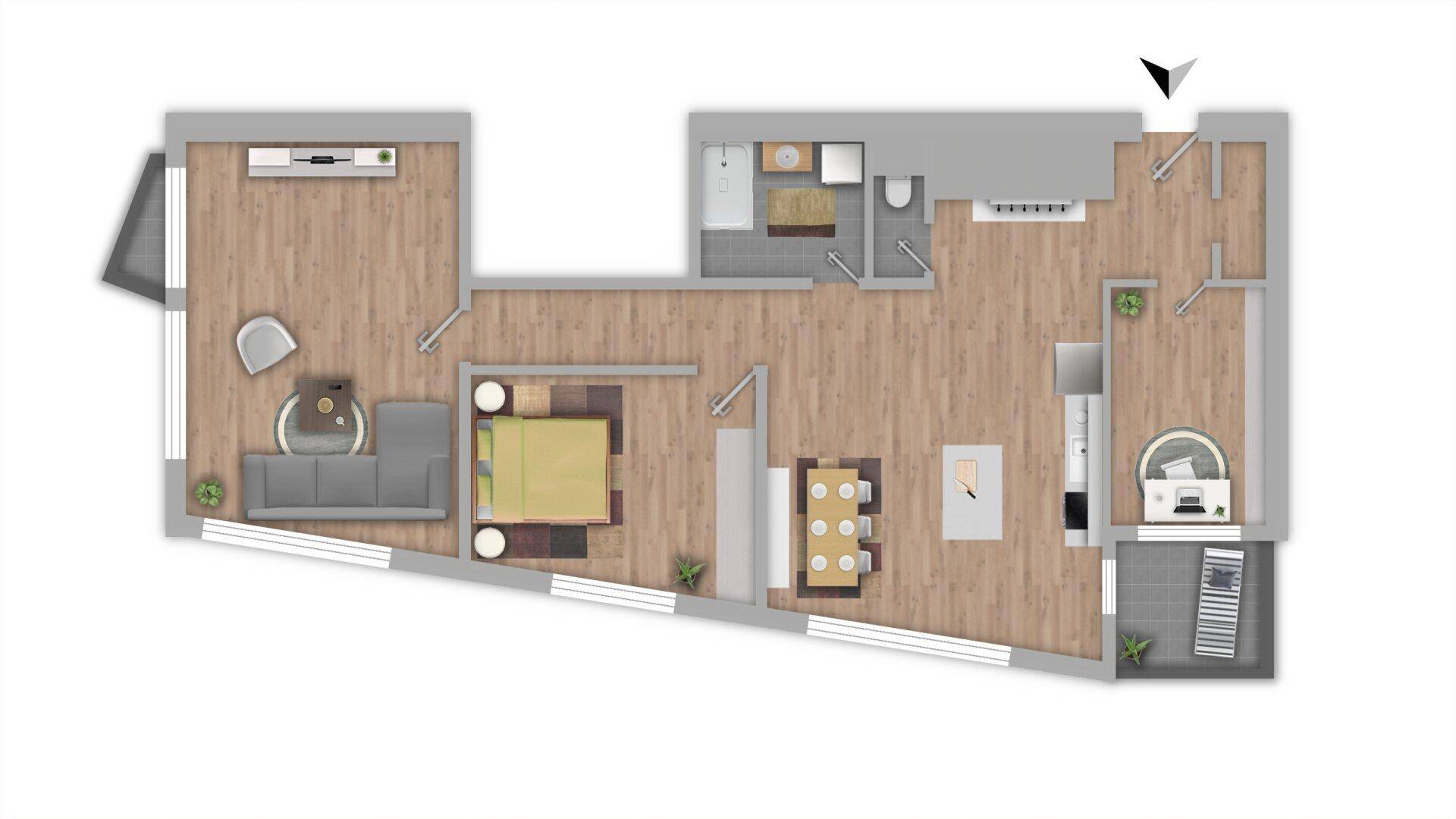 Detaillierter Grundriss der Wohnung mit offenem Wohnbereich, Schlafzimmer und Balkon.