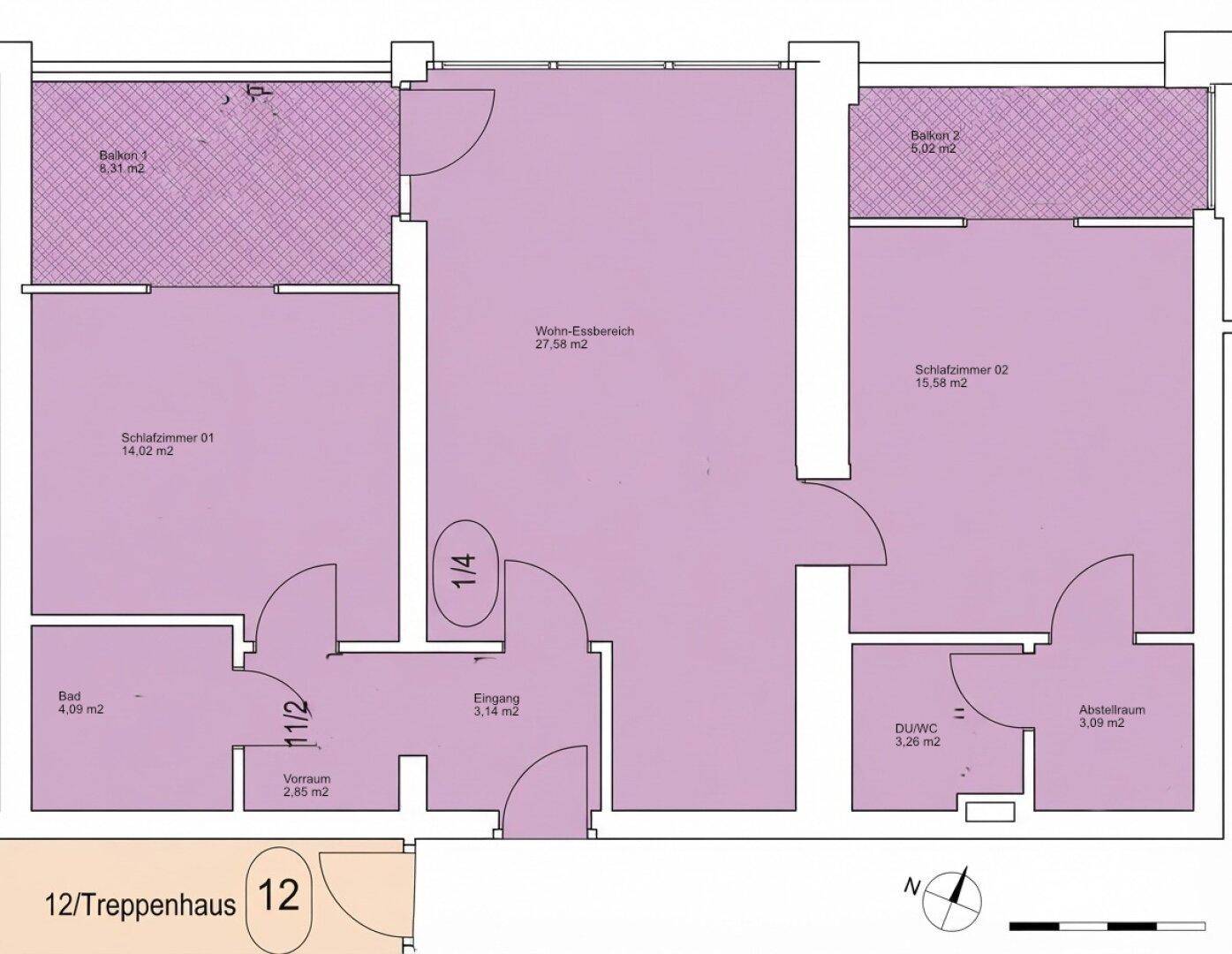 Grundriss der Wohnung mit Wohn-Essbereich, zwei Schlafzimmern und zwei Balkonen.