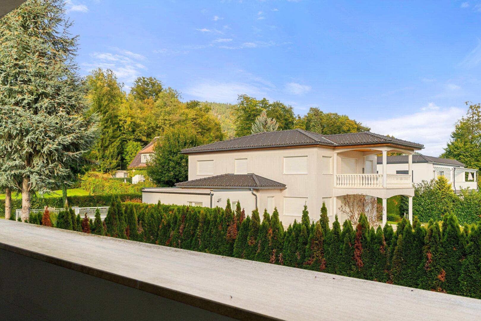 Blick auf ein freistehendes Haus mit gepflegter Hecke und grüner Umgebung.