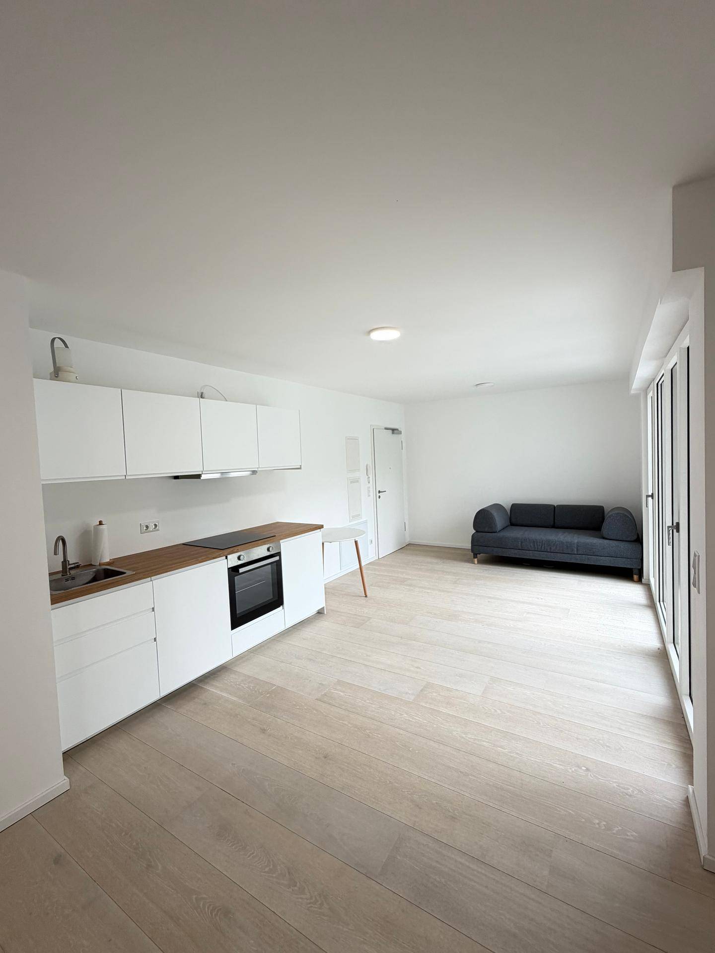 Geräumiger Wohnbereich mit integrierter Küche, Parkettboden und einem modernen Sofa.