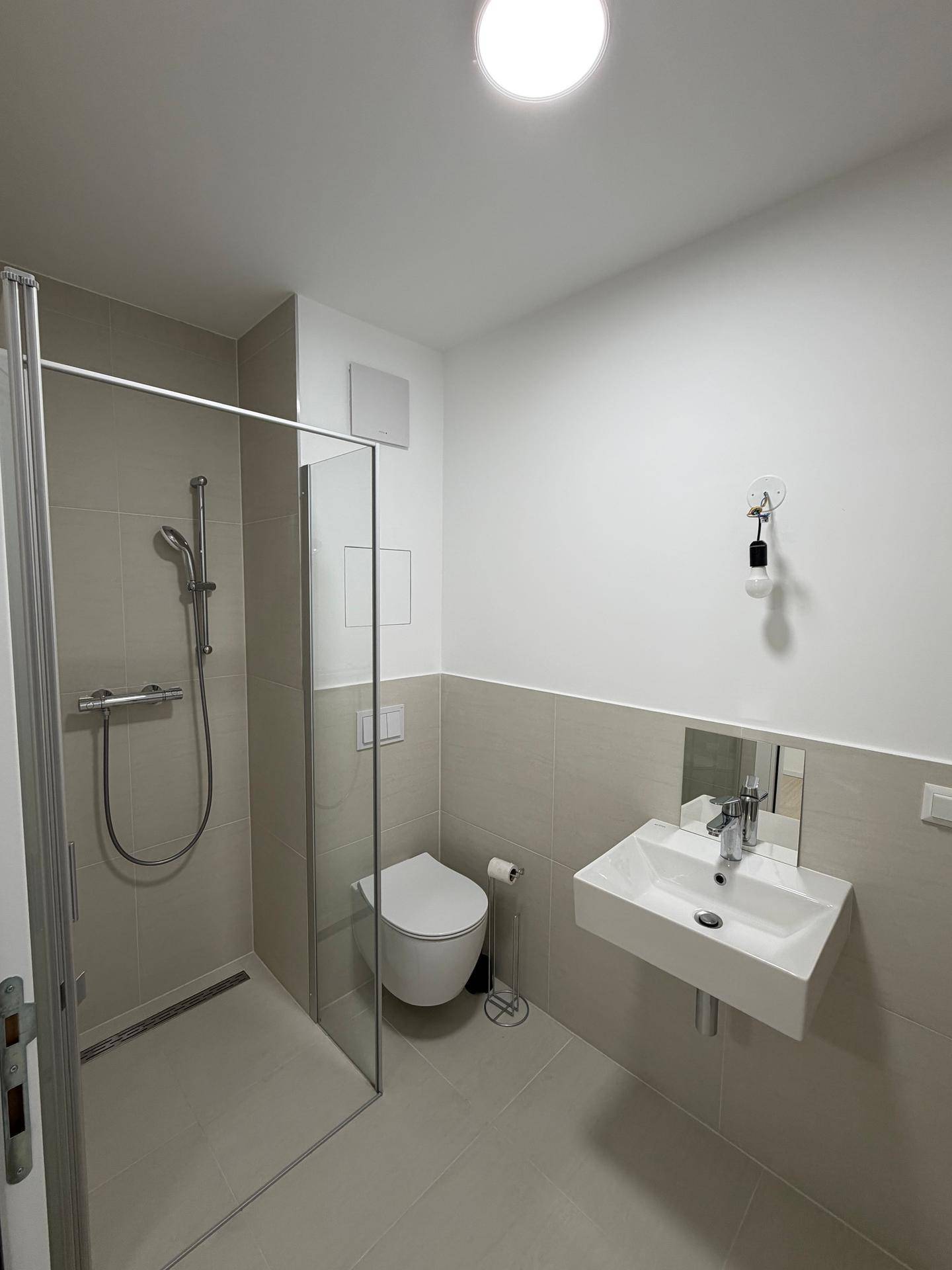 Modernes Badezimmer mit ebenerdiger Dusche, Wand-WC und Waschbecken.