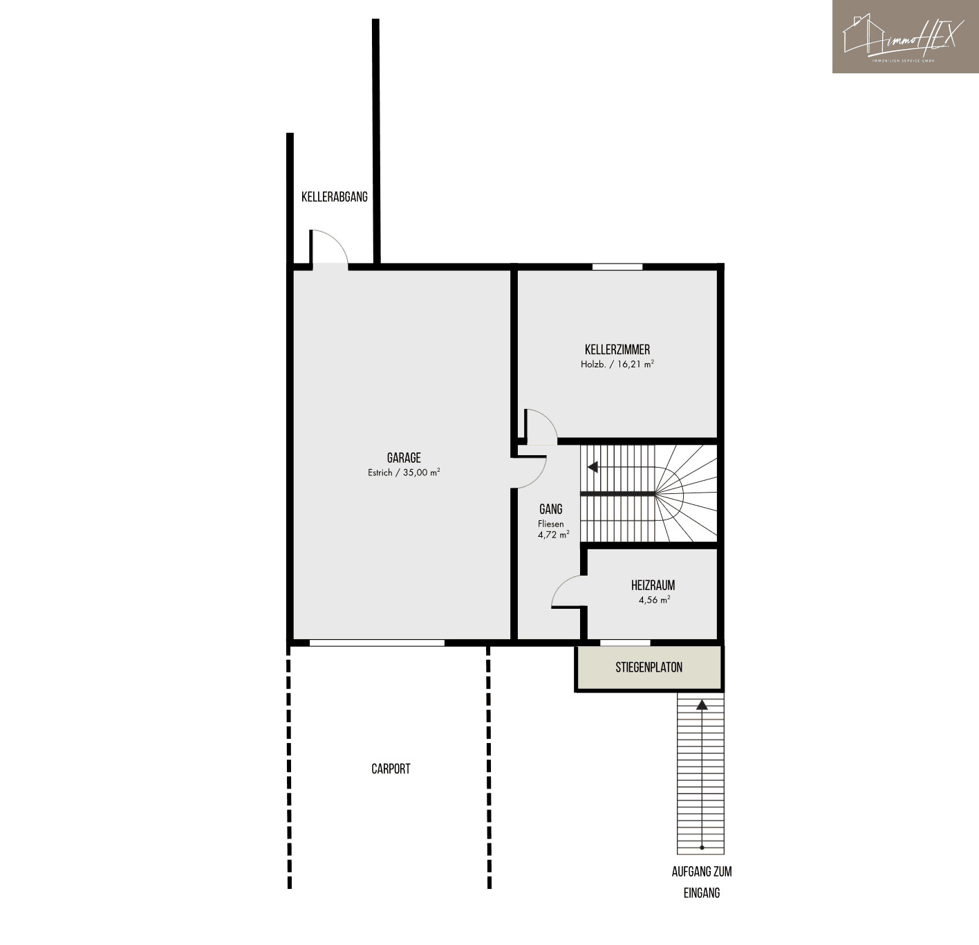 Grundriss des Untergeschosses mit Garage, Carport, Kellerzimmer und Heizraum.