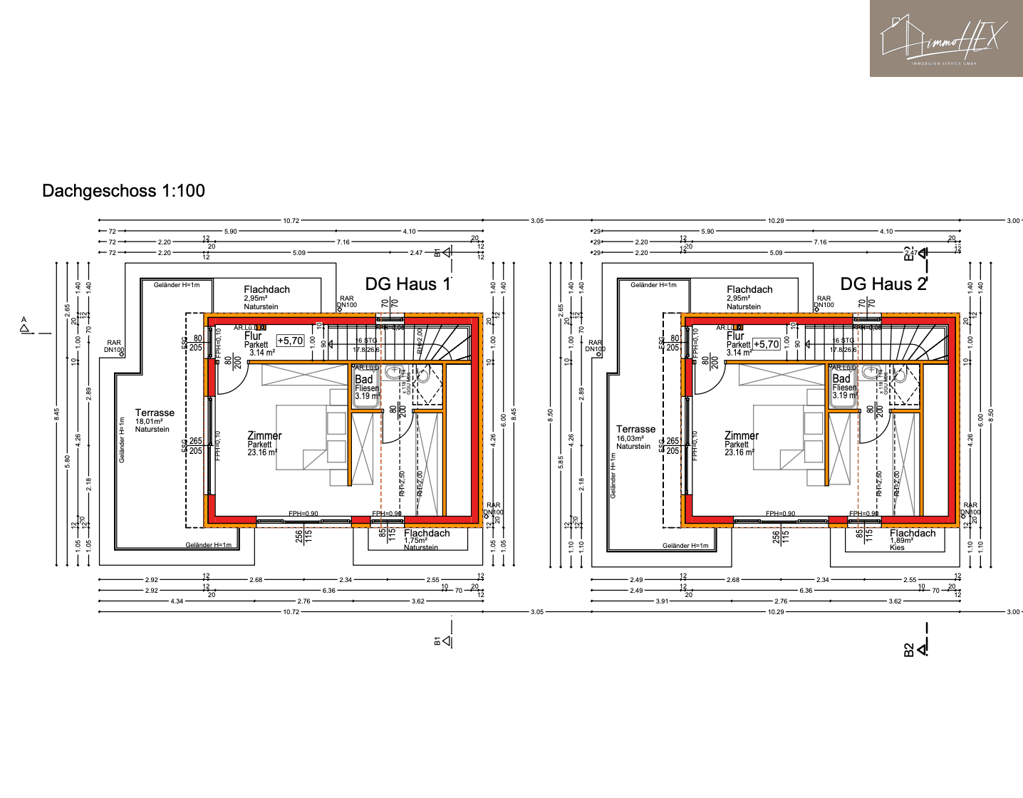 Grundriss des Dachgeschosses für zwei Häuser, zeigt ein Zimmer, Bad und eine Dachterrasse.