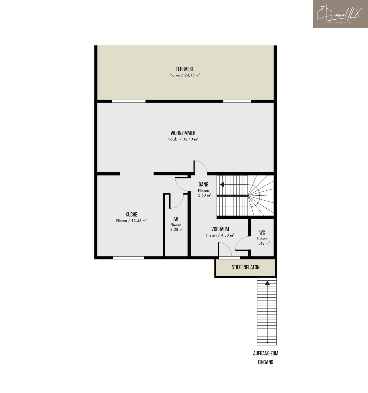 Grundriss des Erdgeschosses mit Wohnzimmer, Küche, Terrasse und separatem WC.