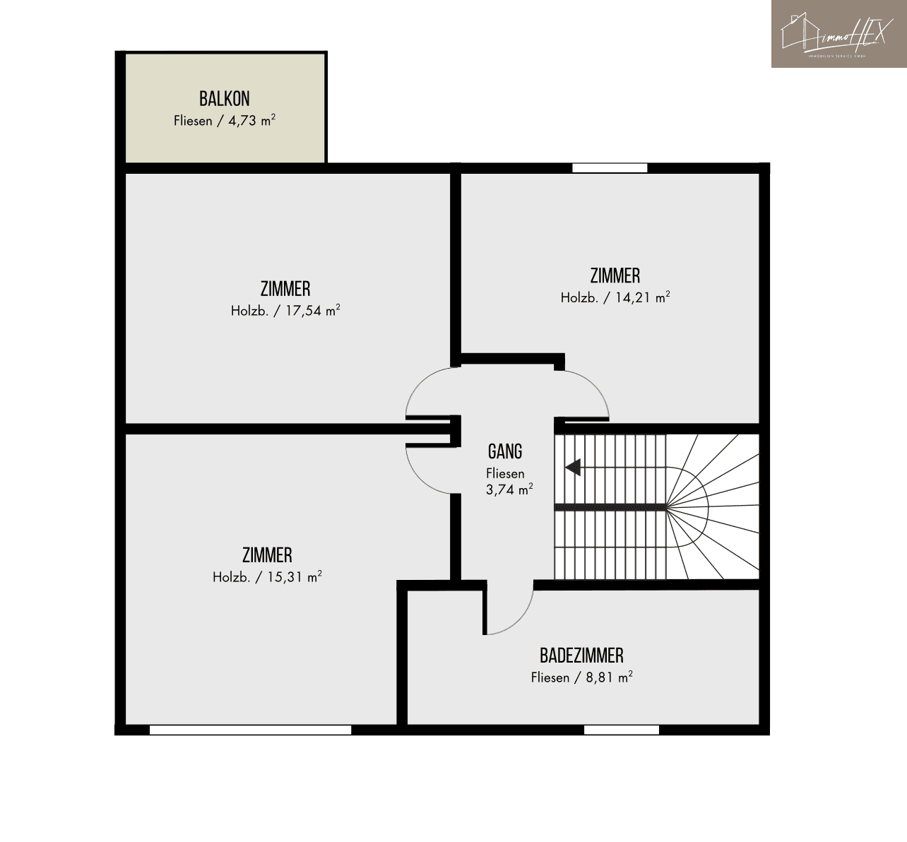 Grundriss des Obergeschosses mit drei Schlafzimmern, Badezimmer und Balkon.