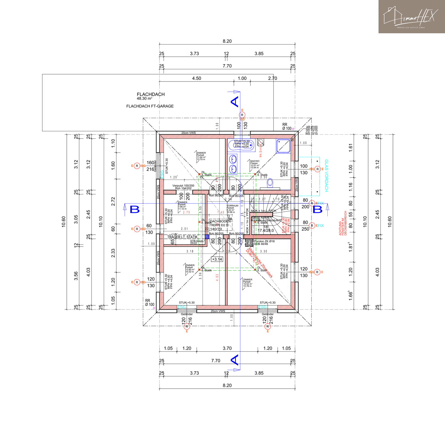 Detaillierter Grundriss des Obergeschosses mit Zimmeraufteilung und Dachflächenangaben.