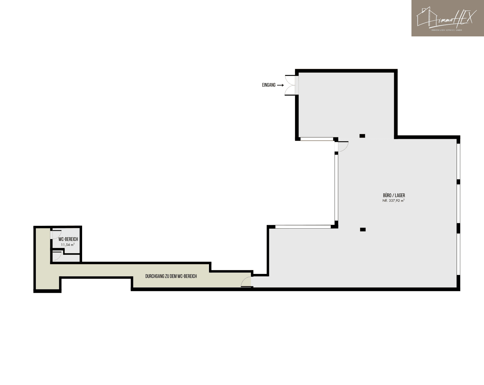 Grundrissplan mit Büro-/Lagerfläche, WC-Bereich von 11,54 m² und Zugang zum Sanitärbereich.