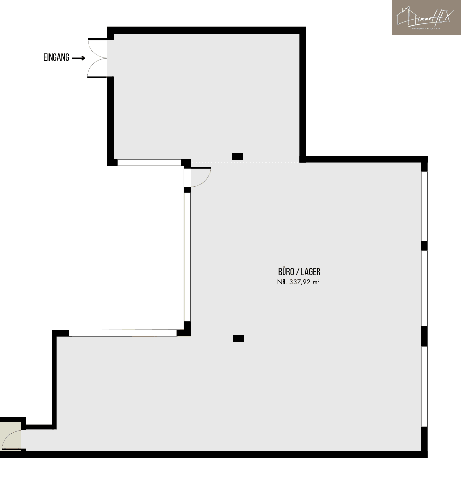 Grundrissplan zeigt einen Eingangsbereich und einen großen Büro- oder Lagerraum von 337,92 m².